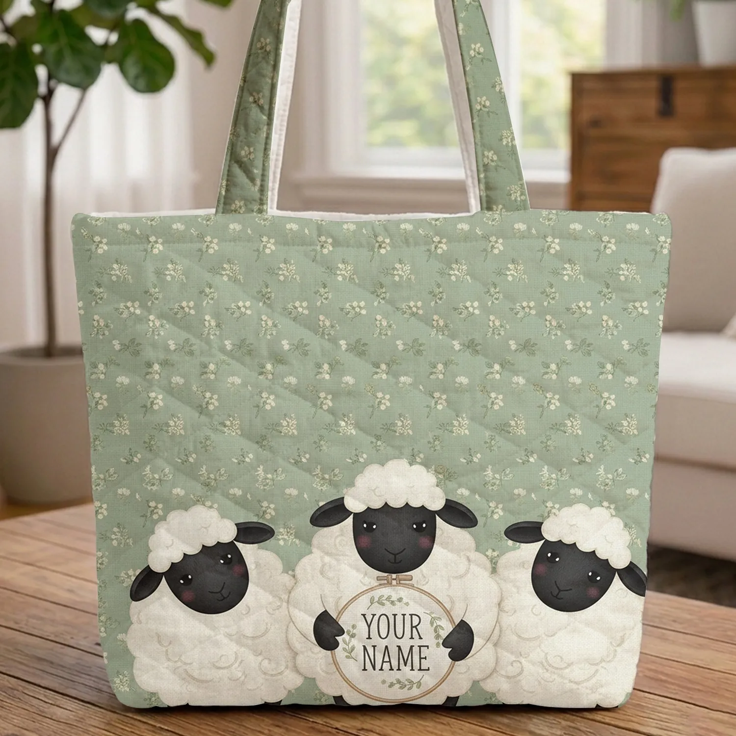 Sheep Name Hoop Sage Green Leaves - Farmhouse Decor Gift for Sheep Lover Quilted Tote Bag - 1