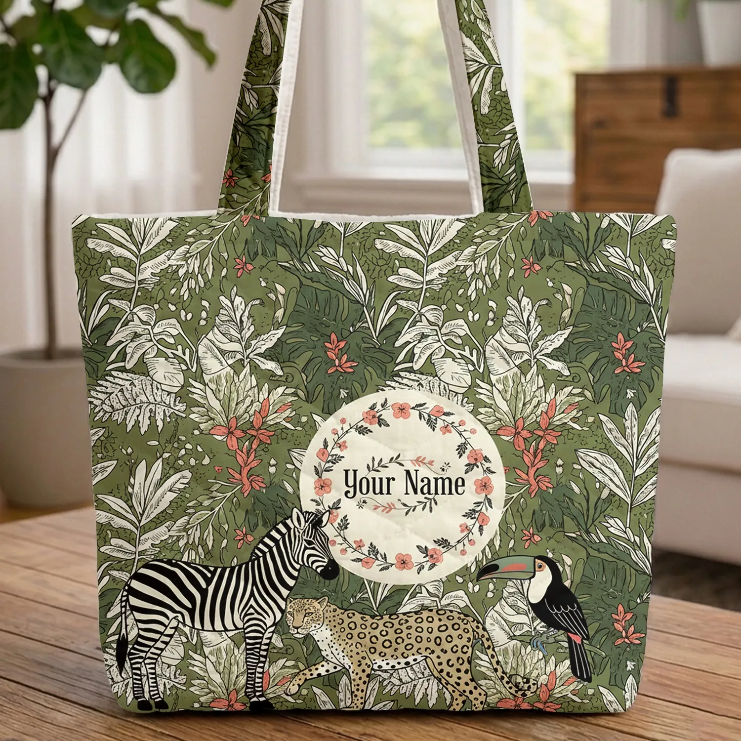 Zebra Leopard Toucan Tropical Palm Fronds Jungle Foliage - Wildlife Lover Everyday Travel Gift Quilted Tote Bag - 1