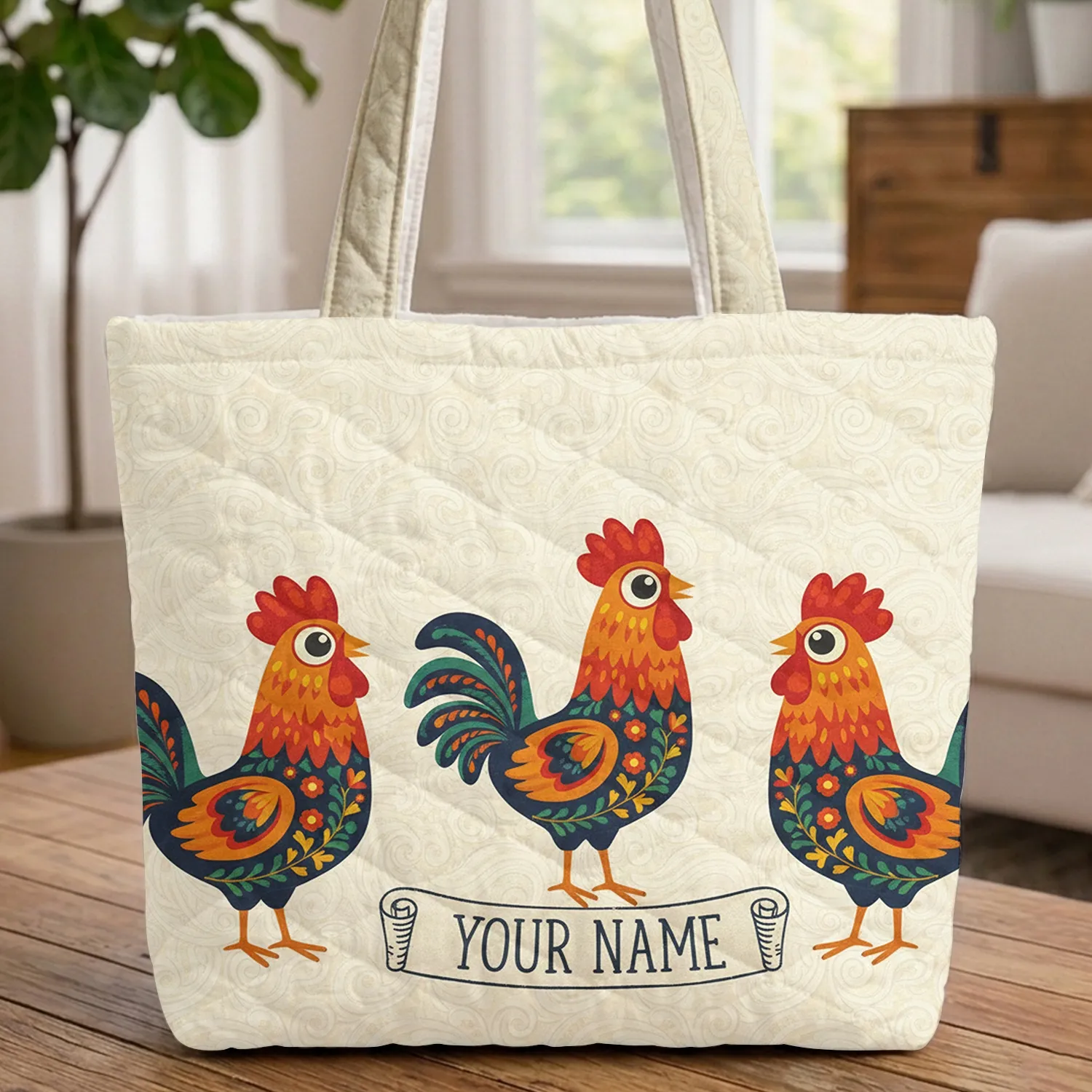 Folk Art Roosters Floral Leafy Scroll Wavy Swirls - Farmhouse Home Decor Everyday Tote Gift Quilted Tote Bag - 1
