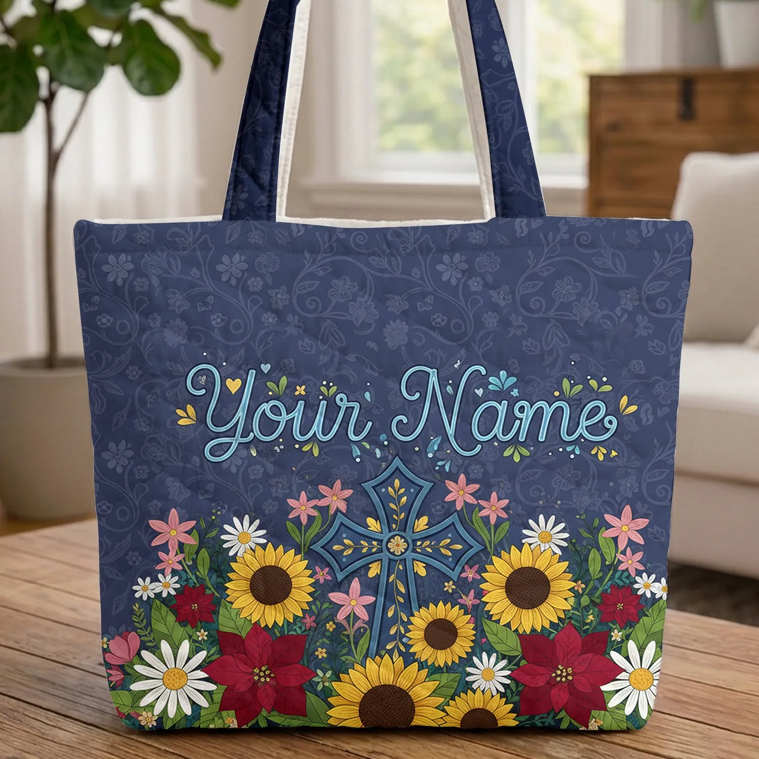 Ornate Dark Blue Cross Sunflowers Wildflowers - Faith Lifestyle Gift Quilted Tote Bag - 1
