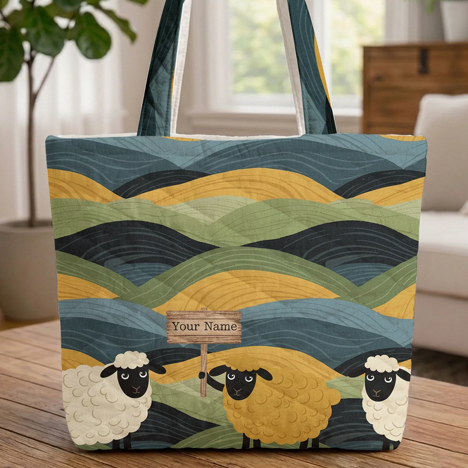 White Yellow Black-faced Sheep Rolling Hills Landscape - Farmhouse Decor Gift Quilted Tote Bag - 1