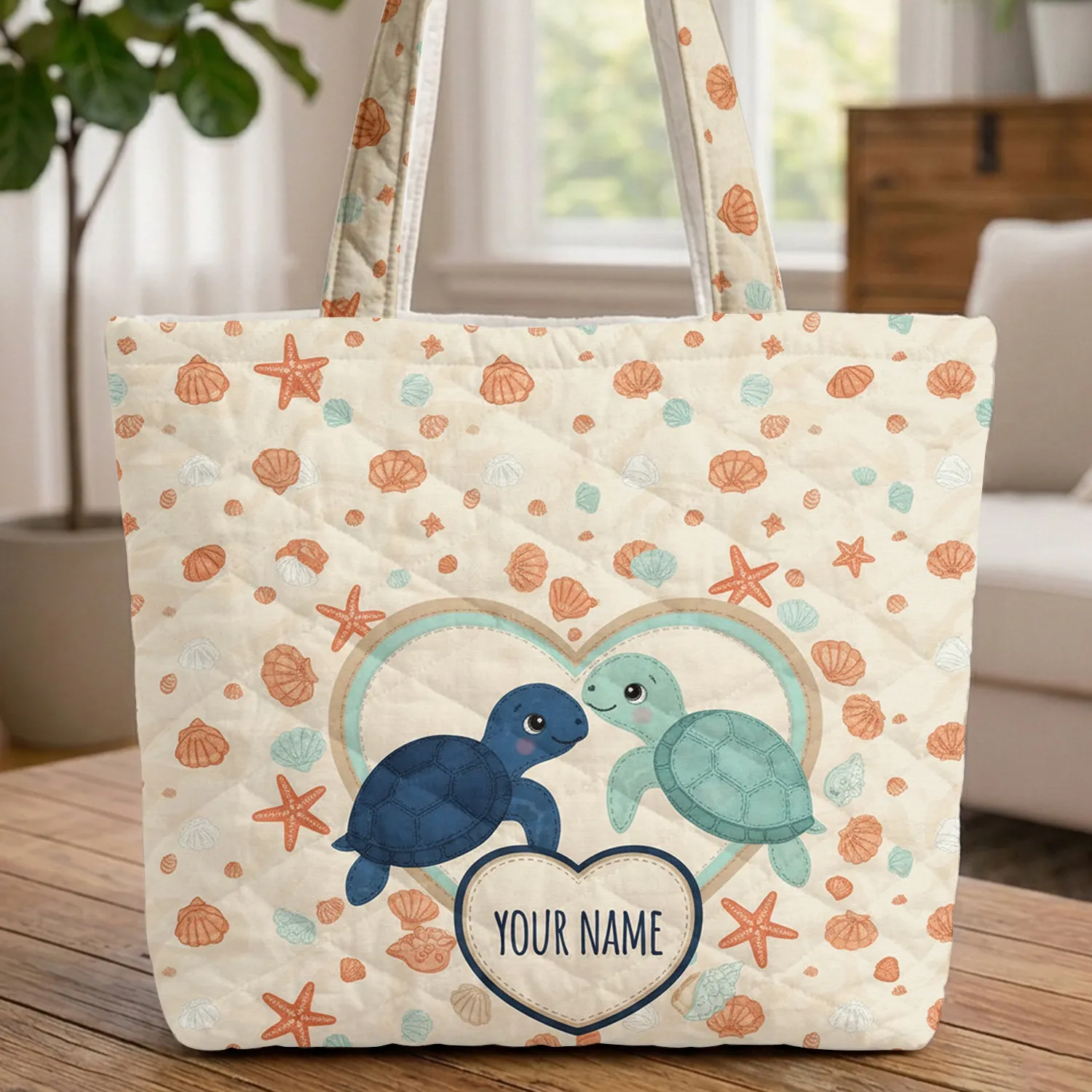 Two Sea Turtles Heart Seashells Starfish Sand Ripples Everyday Tote Ocean Lover Gift Beach Vacation Quilted Tote Bag - 1