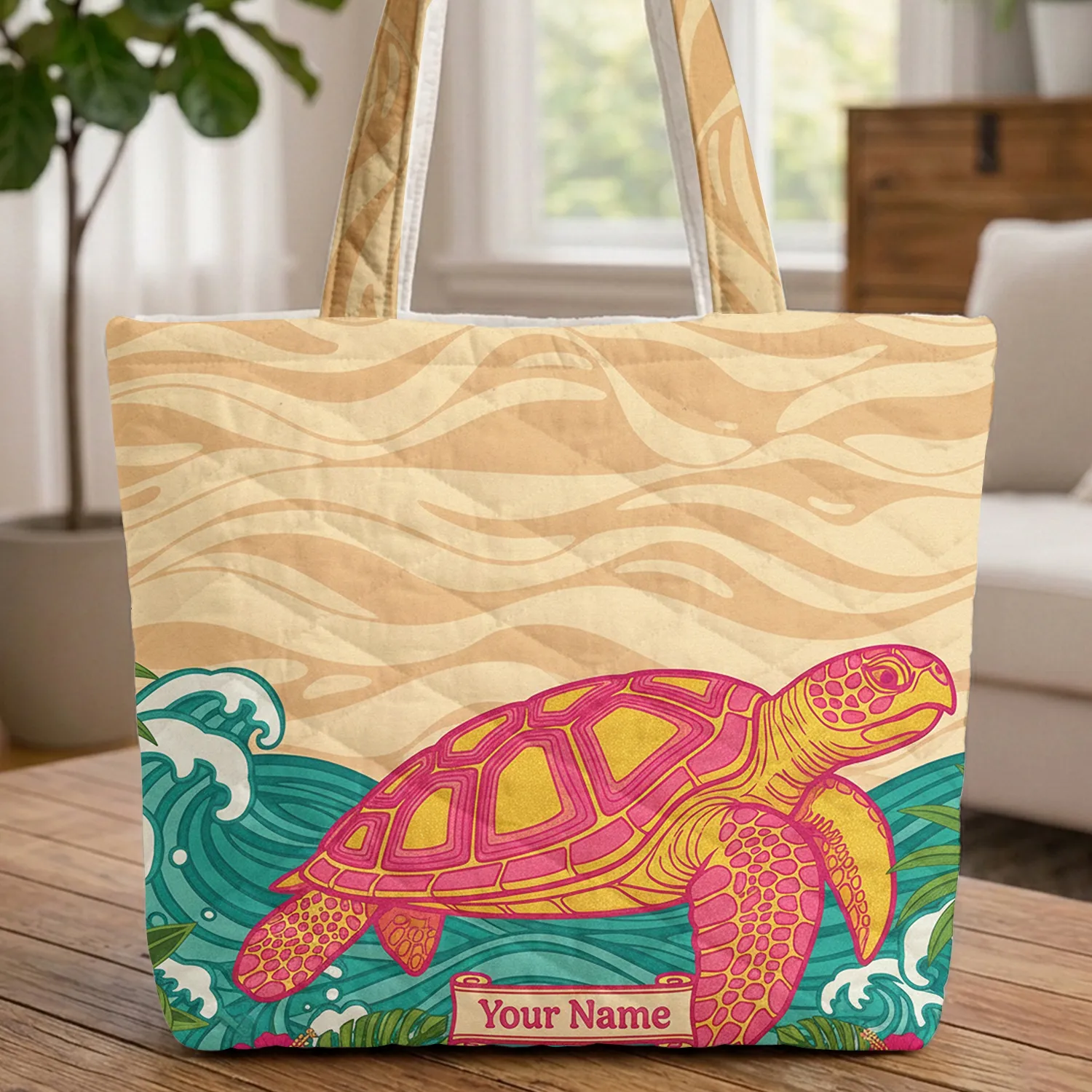Sea Turtle Tropical Foliage Ocean Waves Your Name - Everyday Tote Wildlife Gift Quilted Tote Bag - 1