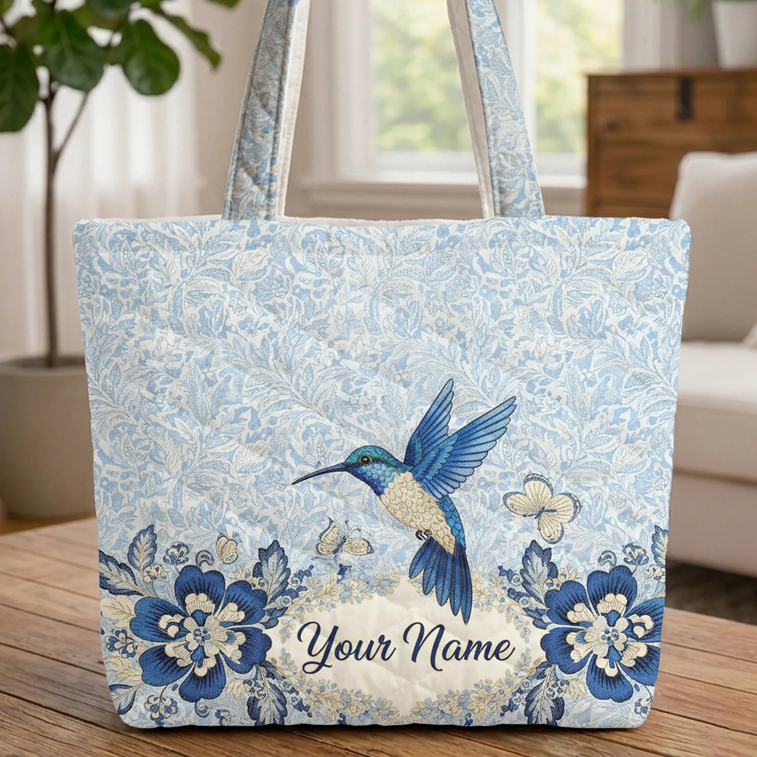 Hummingbird Butterfly Personalized Name Floral - Nature Lover Gift Quilted Tote Bag - 1
