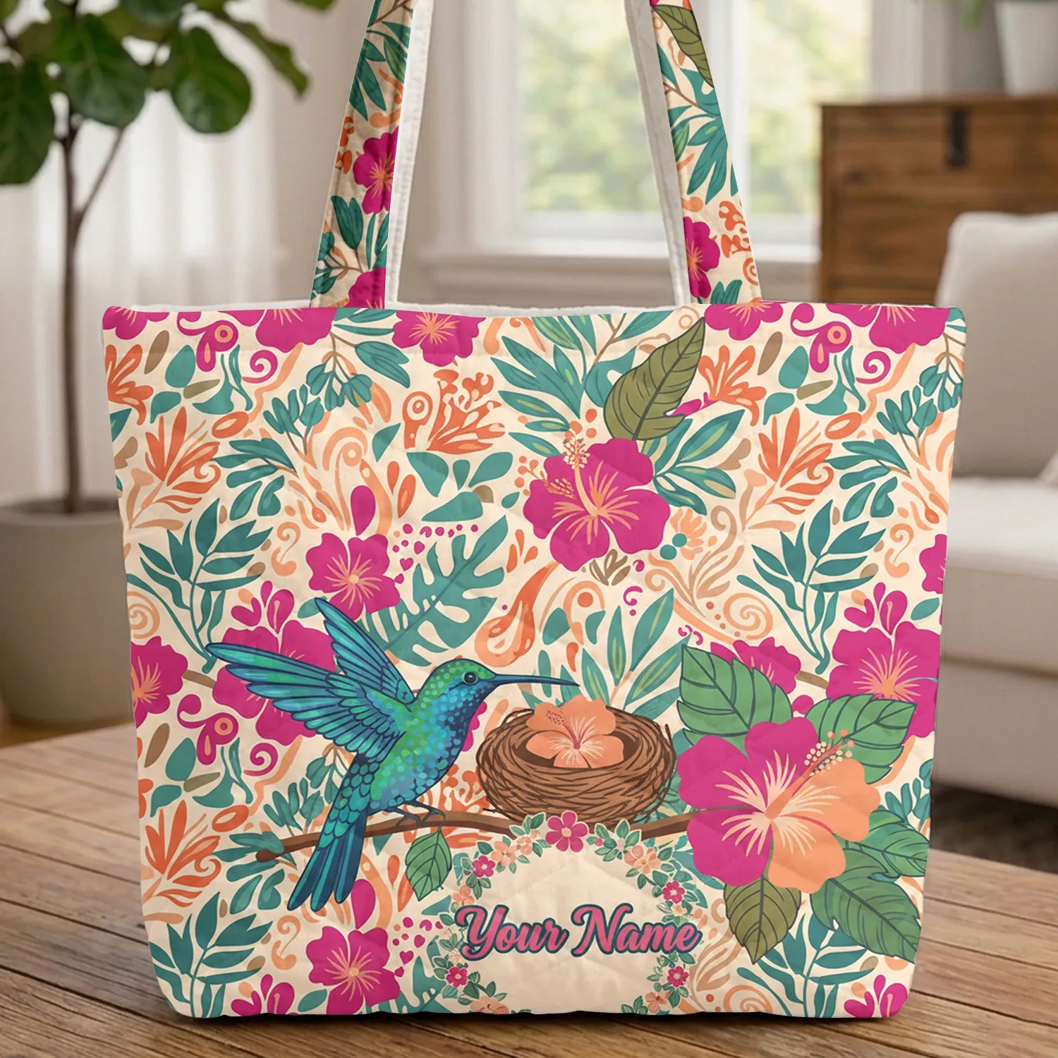 Hummingbird Hibiscus Floral Wreath Name - Wildlife Lover Gift Quilted Tote Bag - 1