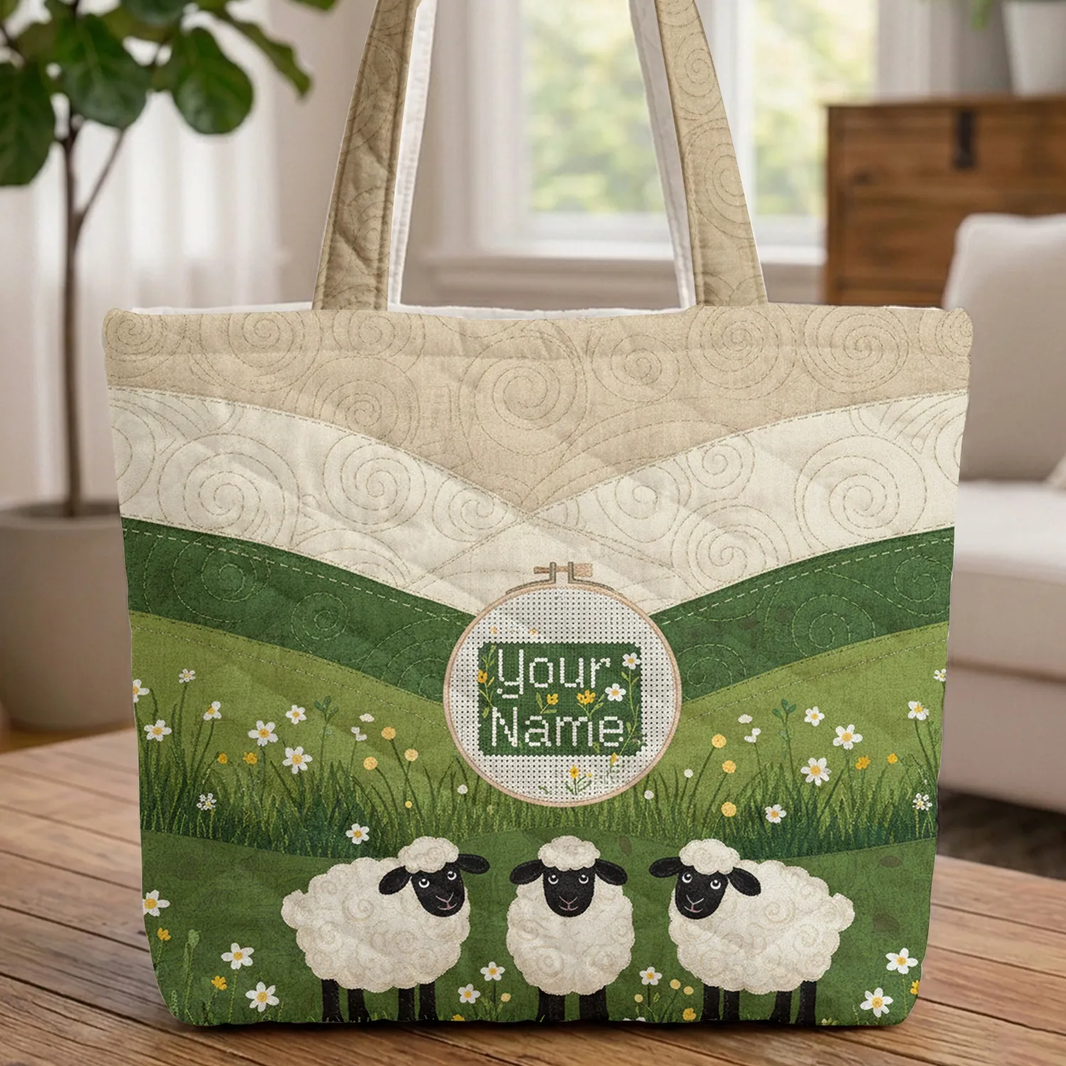 Woolly Sheep Rolling Hills Wildflowers Personalized Name - New Baby Gift for Nursery Quilted Tote Bag - 1