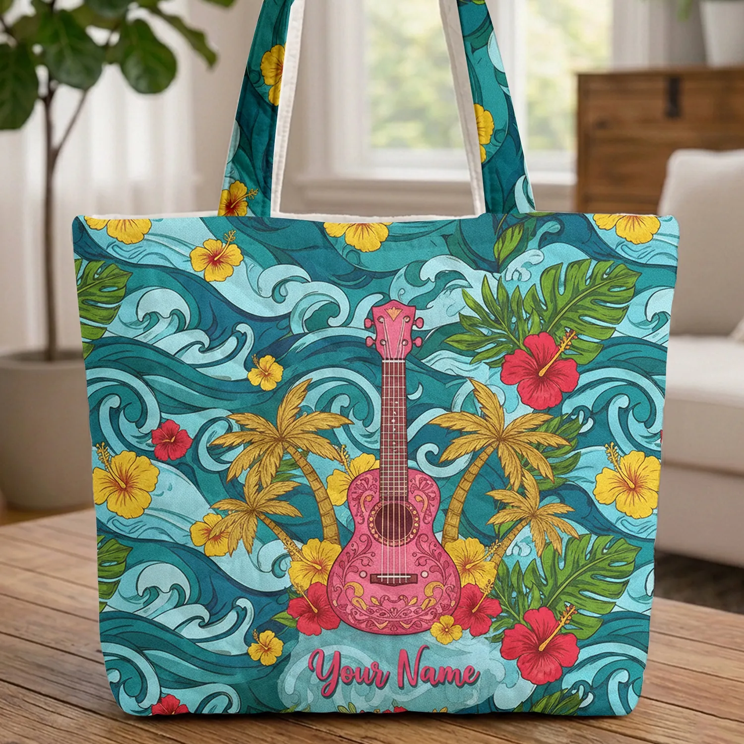 Pink Ukulele Hibiscus Ocean Waves Personalized Gift for Music Lover Quilted Tote Bag - 1
