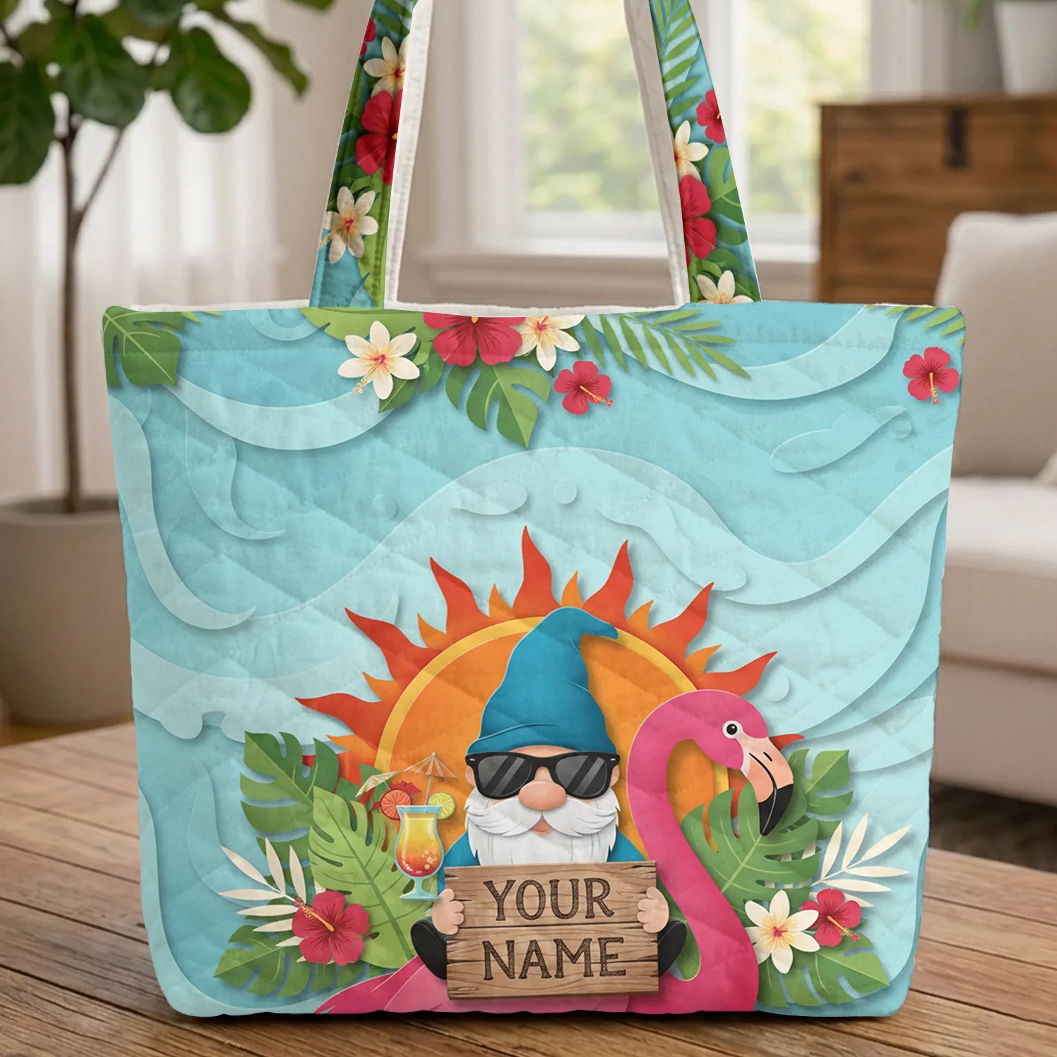 Gnome Flamingo Tropical Hibiscus Orange Sun - Vacation Beach Travel Essentials Quilted Tote Bag - 1