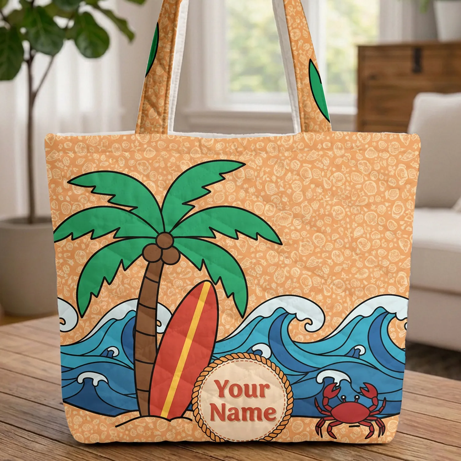 Personalized Palm Tree Surfboard Crab Seashells Ocean - Summer Vacation Gift Quilted Tote Bag - 1