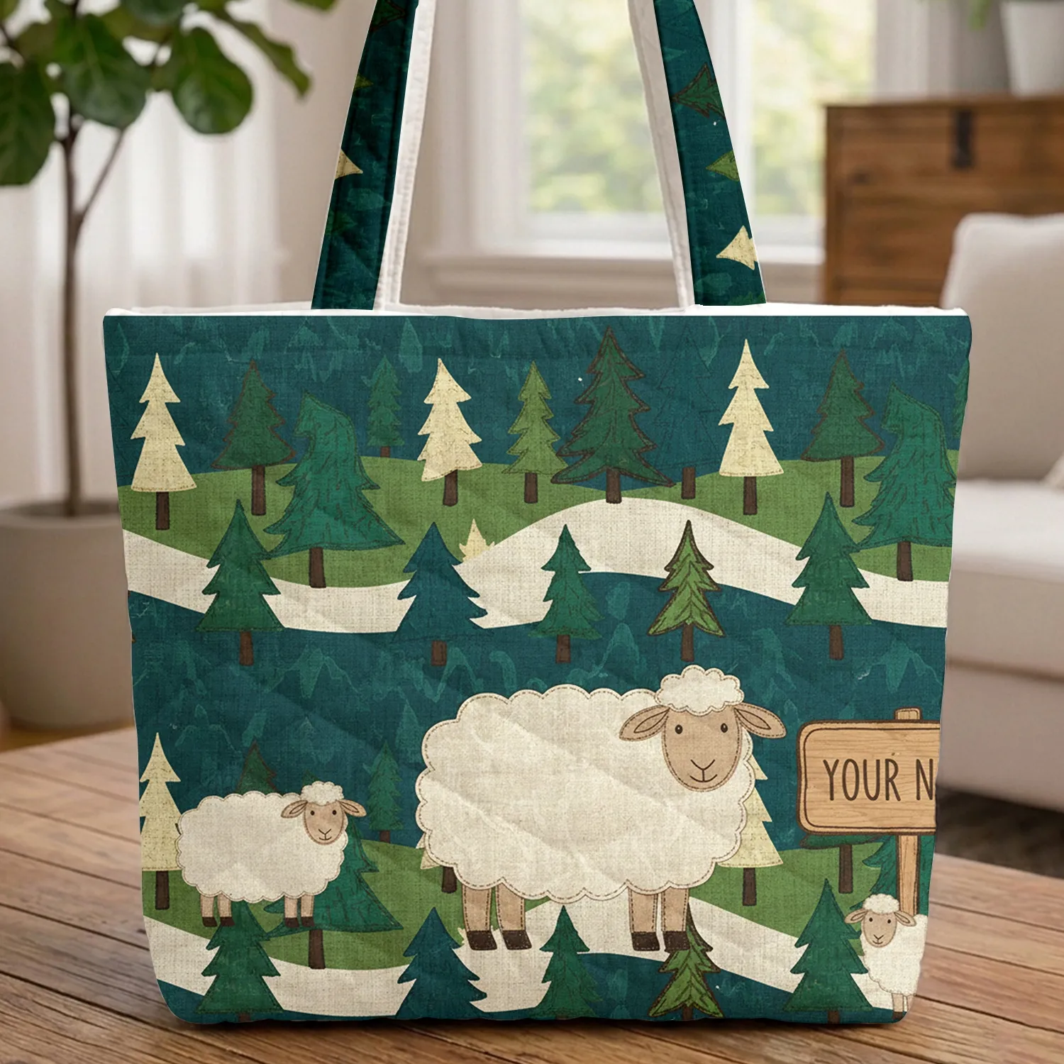 Your Name Sign Sheep Folk Art Rolling Hills Evergreen Trees - Everyday Nature Lover Gift Quilted Tote Bag - 1