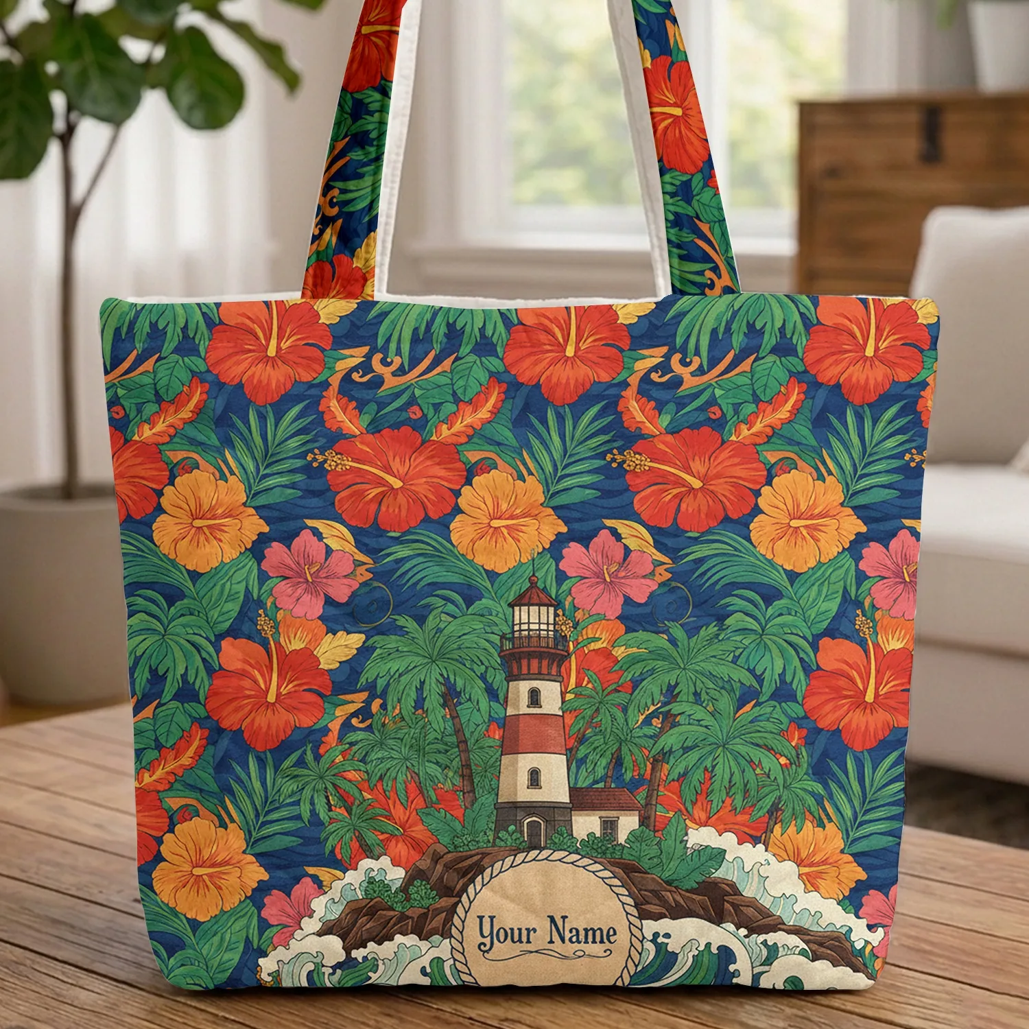 Lighthouse Tropical Sunset Hibiscus Palm Ocean Waves Coastal Home Decor Quilted Tote Bag - 1