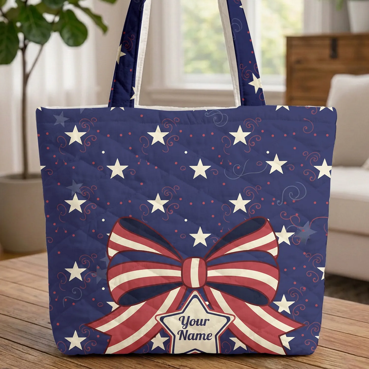 Americana Ornate Striped Bow with Ribbons Stars - Independence Day Celebration Quilted Tote Bag - 1
