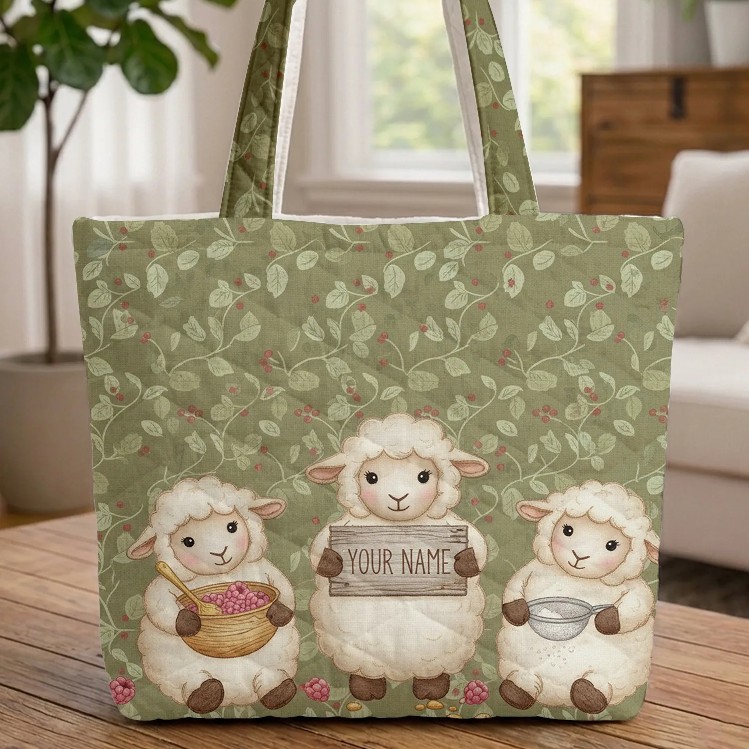 Three Sheep Baking Mixing Bowls Raspberries Wooden Sign Vines - Home Baking Gift for Kids Quilted Tote Bag - 1