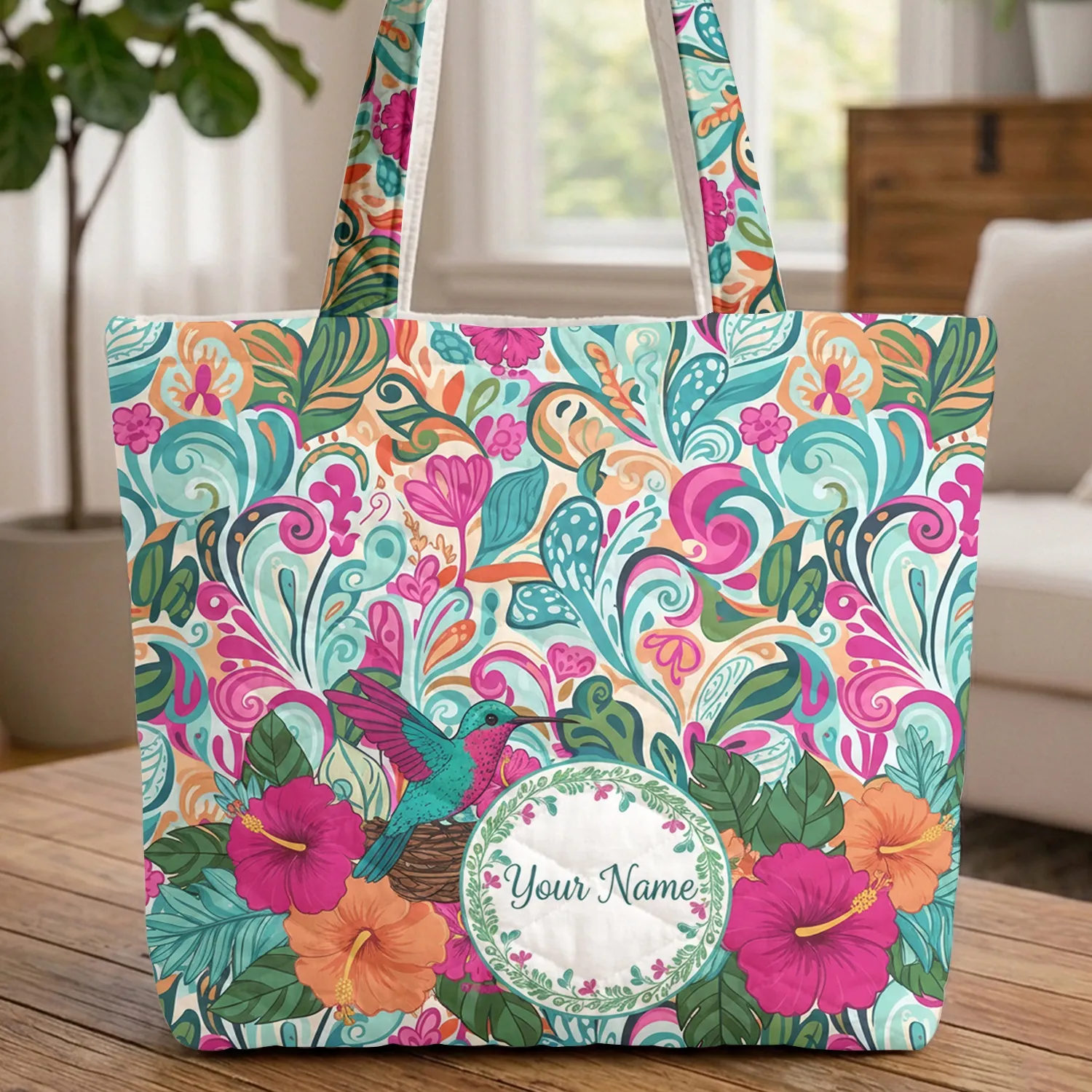 Hummingbird Hibiscus Floral Wreath Your Name - Personalized Tropical Nature Gift Quilted Tote Bag - 1
