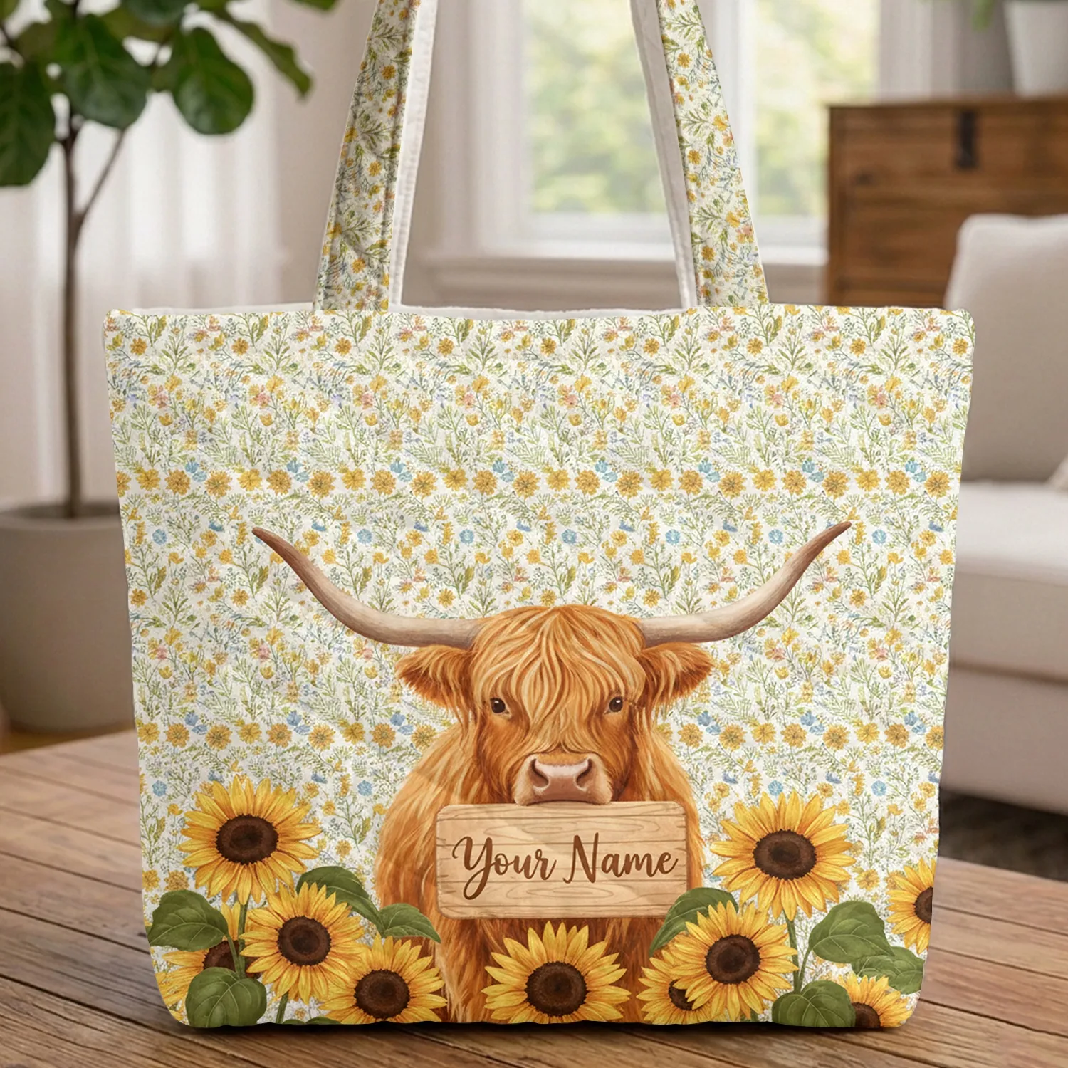 Highland Cow Sunflower Wildflower - Farmhouse Home Decor Gift for Cow Lover Quilted Tote Bag - 1
