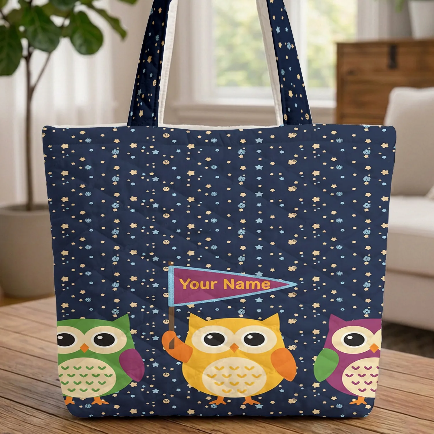 Three Owls Starry Pennant - Everyday Carry Wildlife Lover Gift Quilted Tote Bag - 1