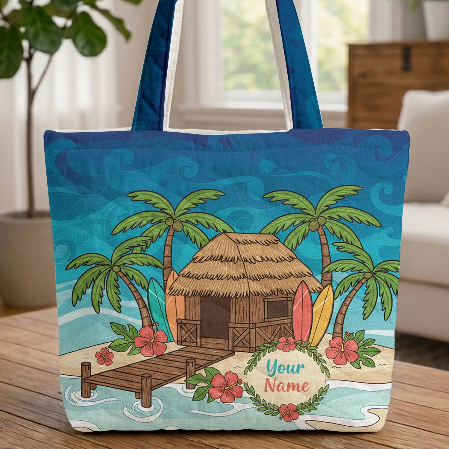 Tropical Tiki Hut Palm Tree Surfboard Ocean Waves Your Name Hibiscus Wreath - Travel Essentials Quilted Tote Bag - 1
