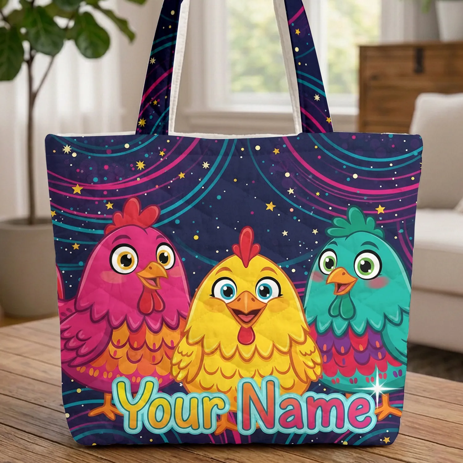 Colorful Chickens Starry Night Sky - Everyday Gift for Chicken Lover Quilted Tote Bag - 1