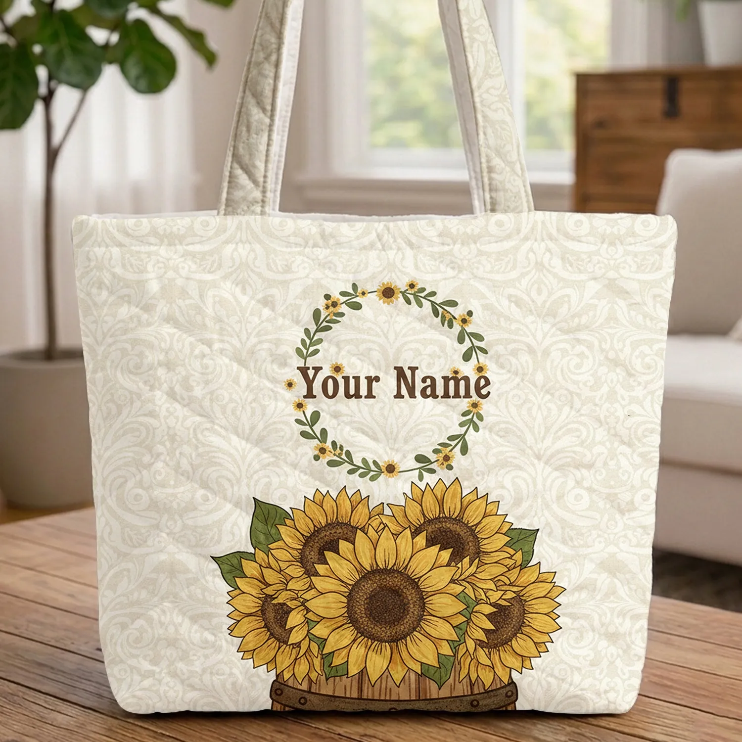 Sunflowers Name Wreath Wooden Barrel Cowboy Home Decor Quilted Tote Bag - 1