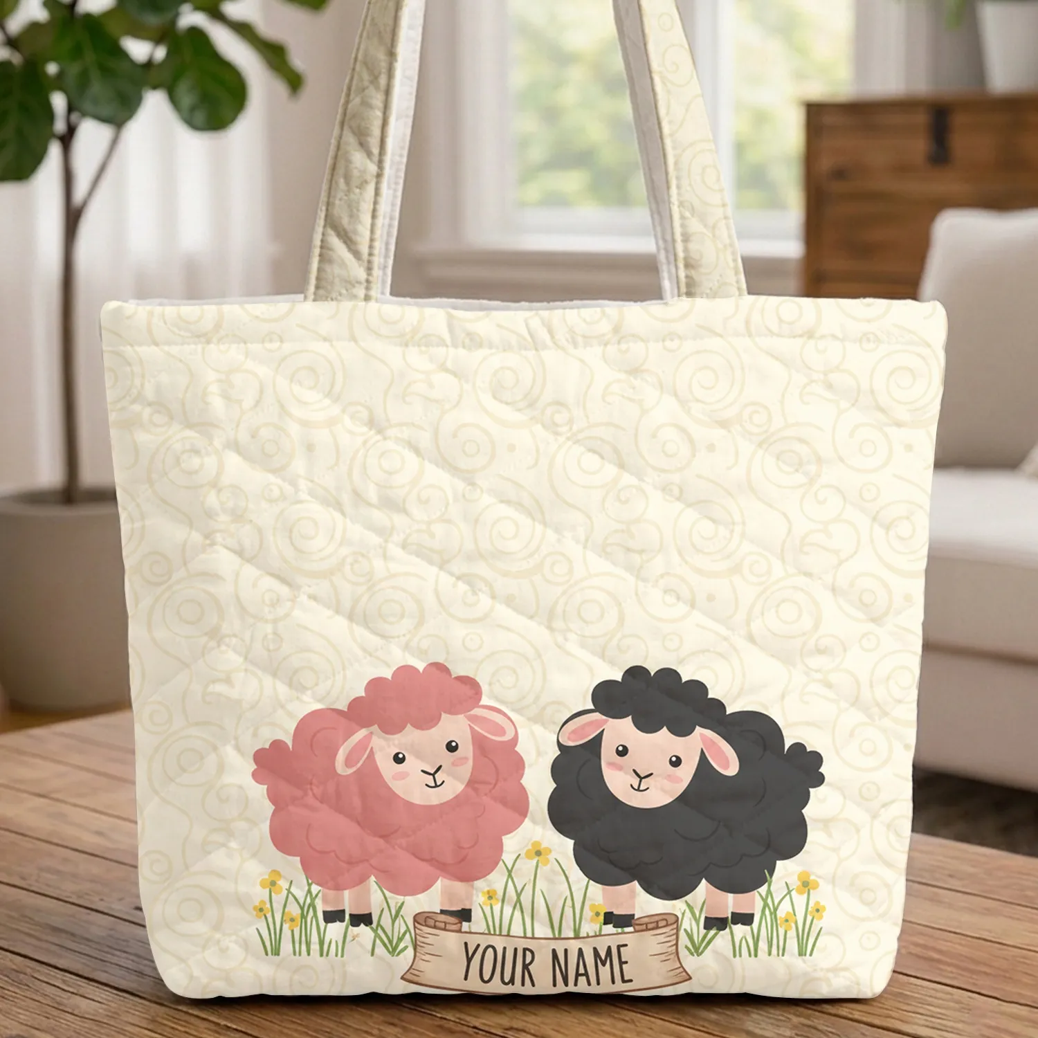 Organic Swirls Pink Black Sheep Green Grass Wildflower Name Scroll - Everyday Tote Quilted Tote Bag - 1