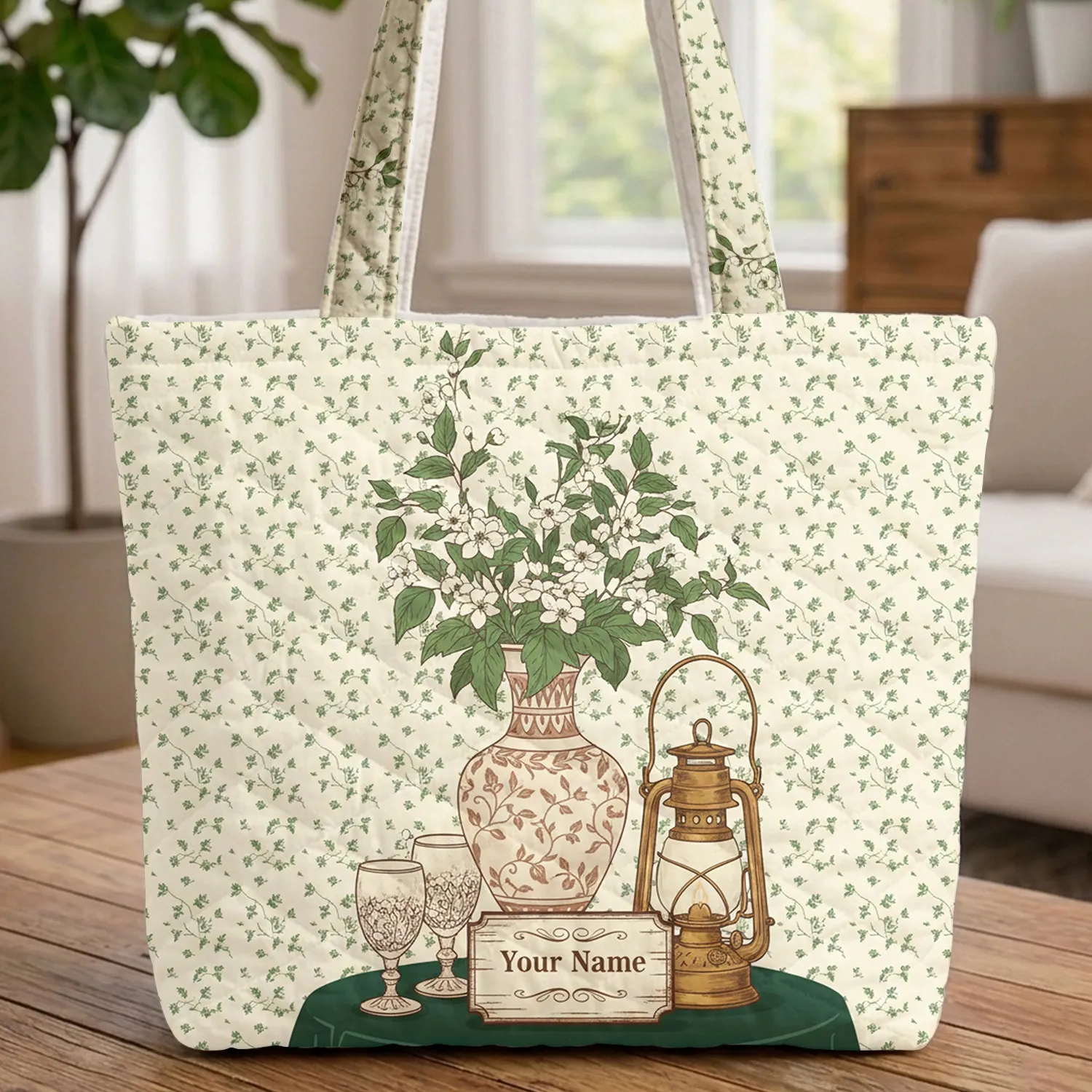 Personalized Wooden Sign Floral Still-Life Vase Lantern - Vintage Home Decor Gift Quilted Tote Bag - 1