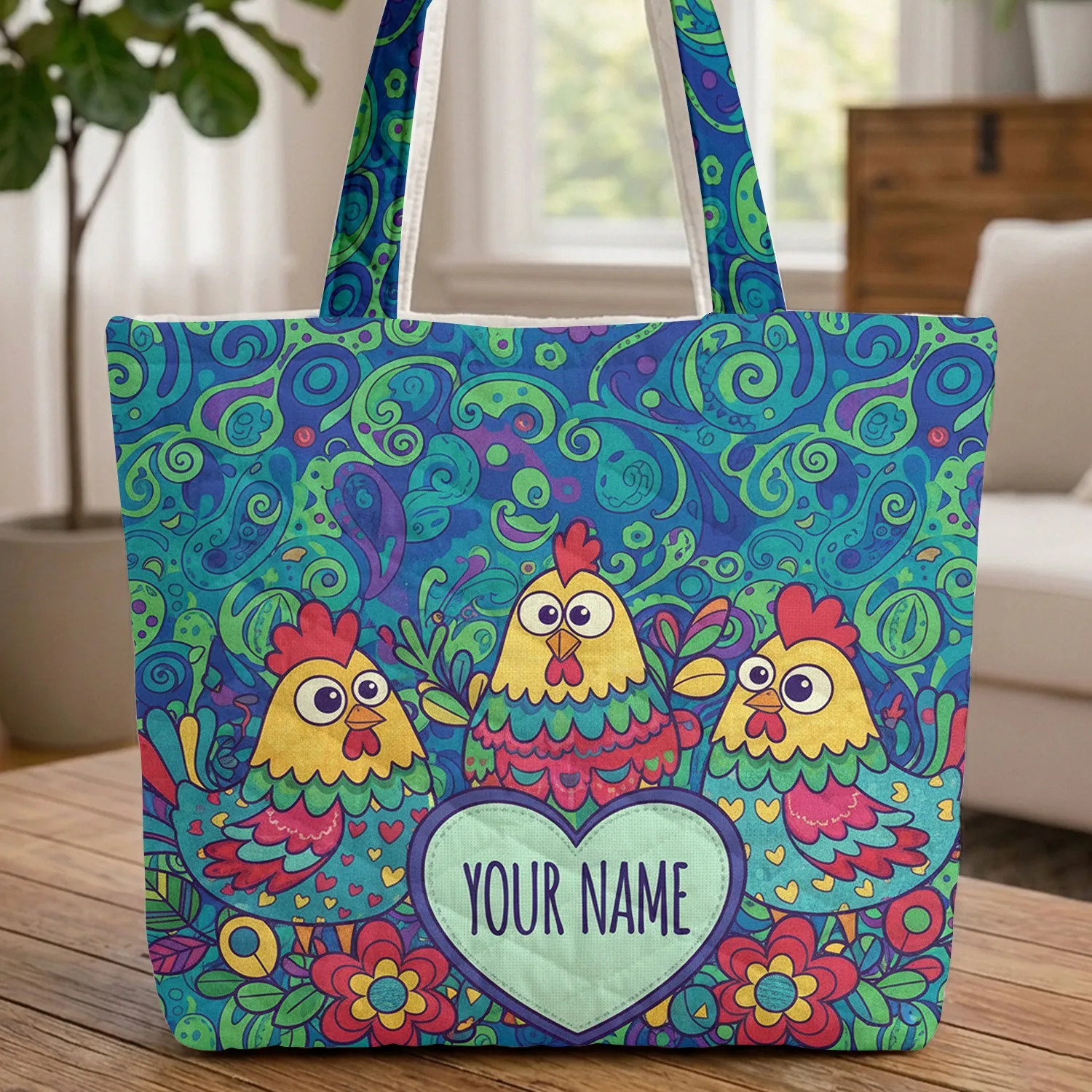 Three Chickens Paisley Swirls Name Heart - Farmhouse Animal Lover Gift Quilted Tote Bag - 1