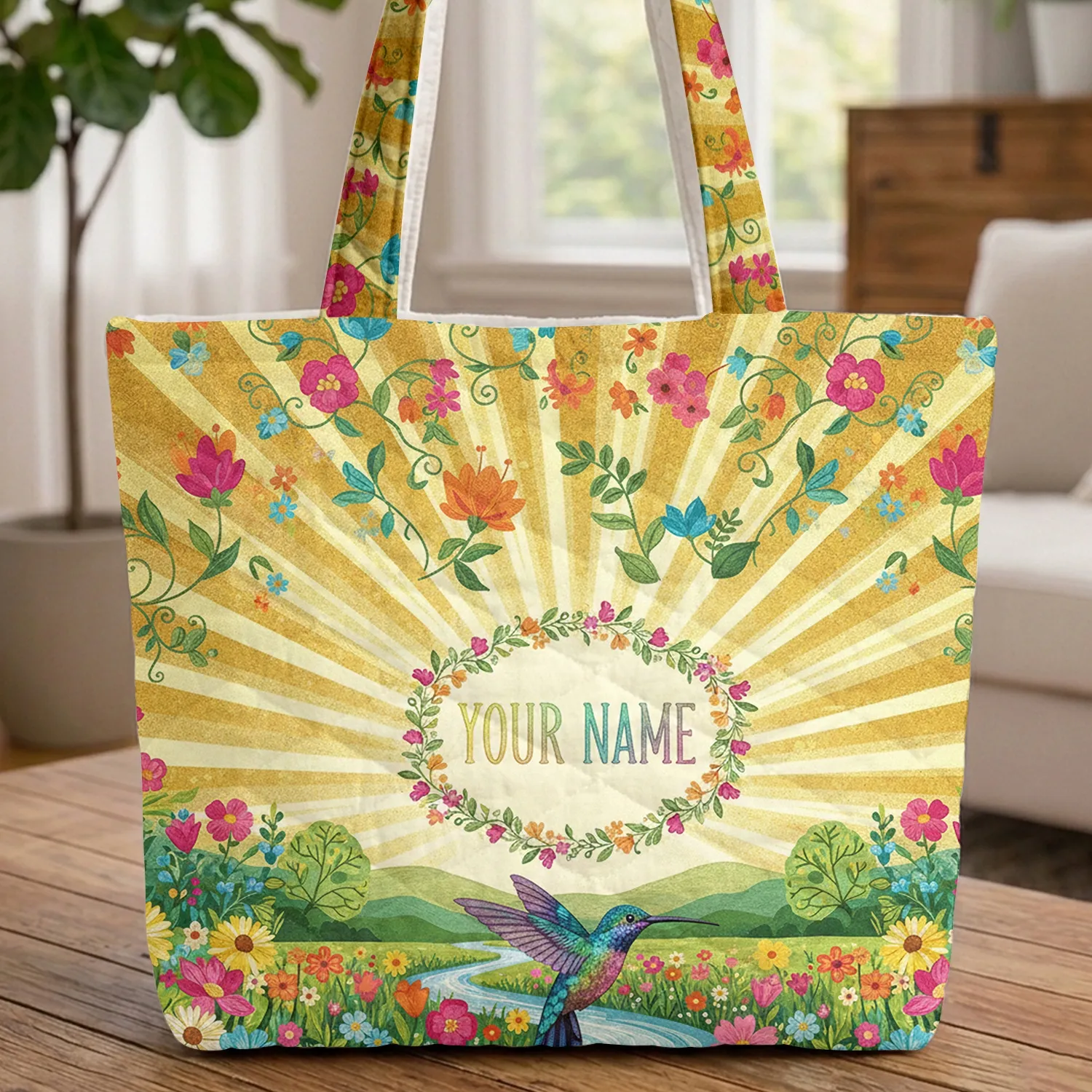 Iridescent Hummingbird Wildflower Meadow - Wildlife Lover Gift Quilted Tote Bag - 1