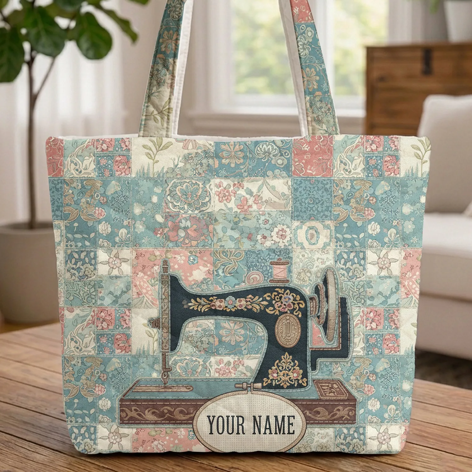 Vintage Sewing Machine Hoop - Farmhouse Decor Crafting Gift Quilted Tote Bag - 1