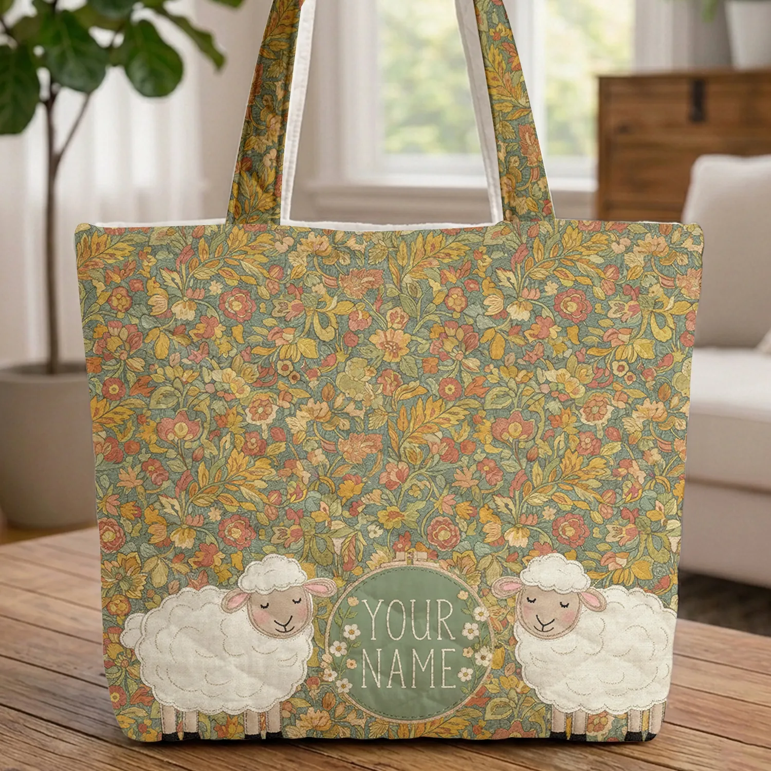 Fluffy Sheep Floral Name Hoop - Farmhouse Home Decor Gift for Sheep Lover Quilted Tote Bag - 1