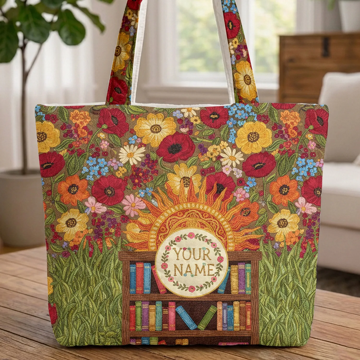 Sunburst Bookshelf Flowers Leaves - Everyday Home Decor Gift Quilted Tote Bag - 1