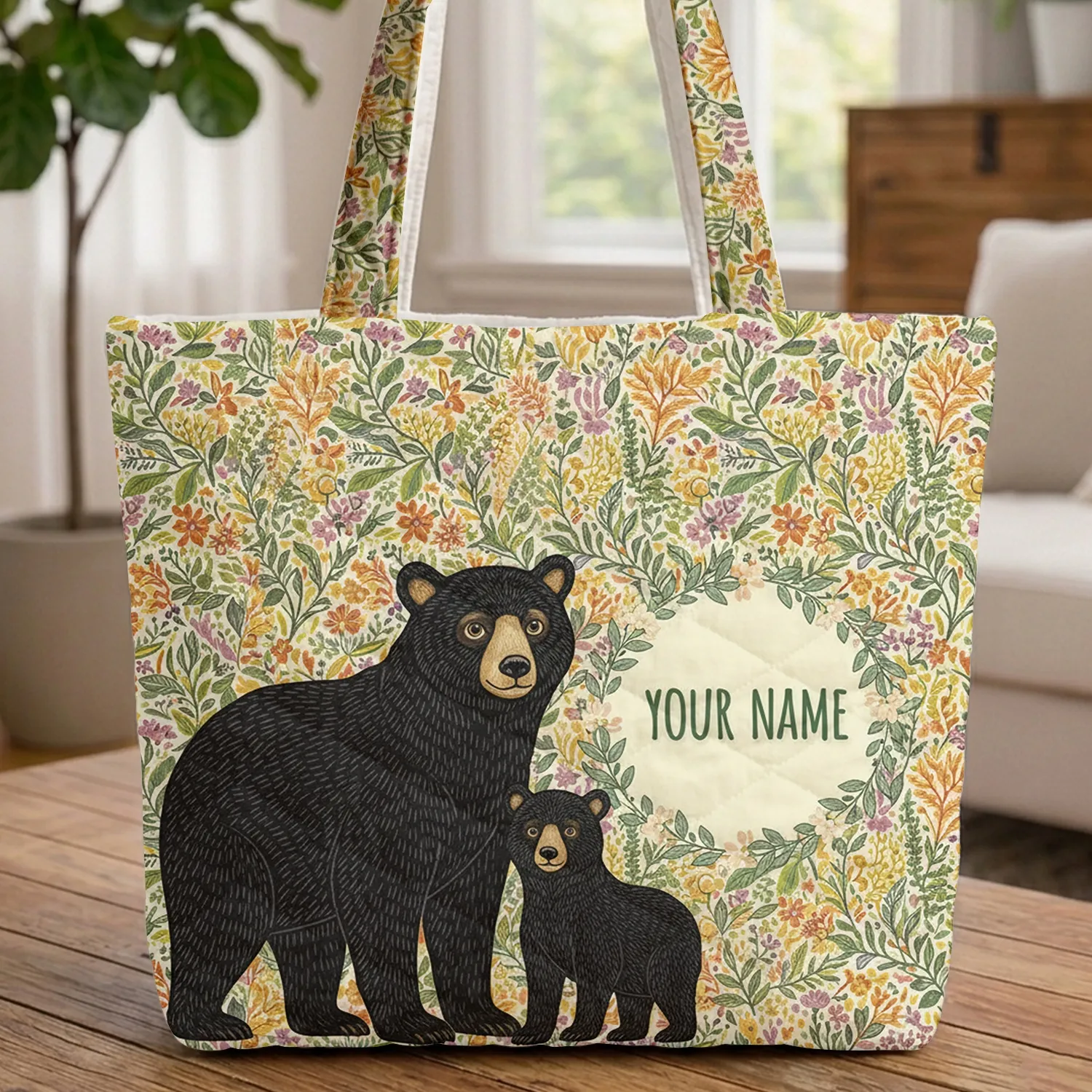 Black Bears Woodland Botanical Your Name - Wildlife Lover Everyday Carry Gift Quilted Tote Bag - 1