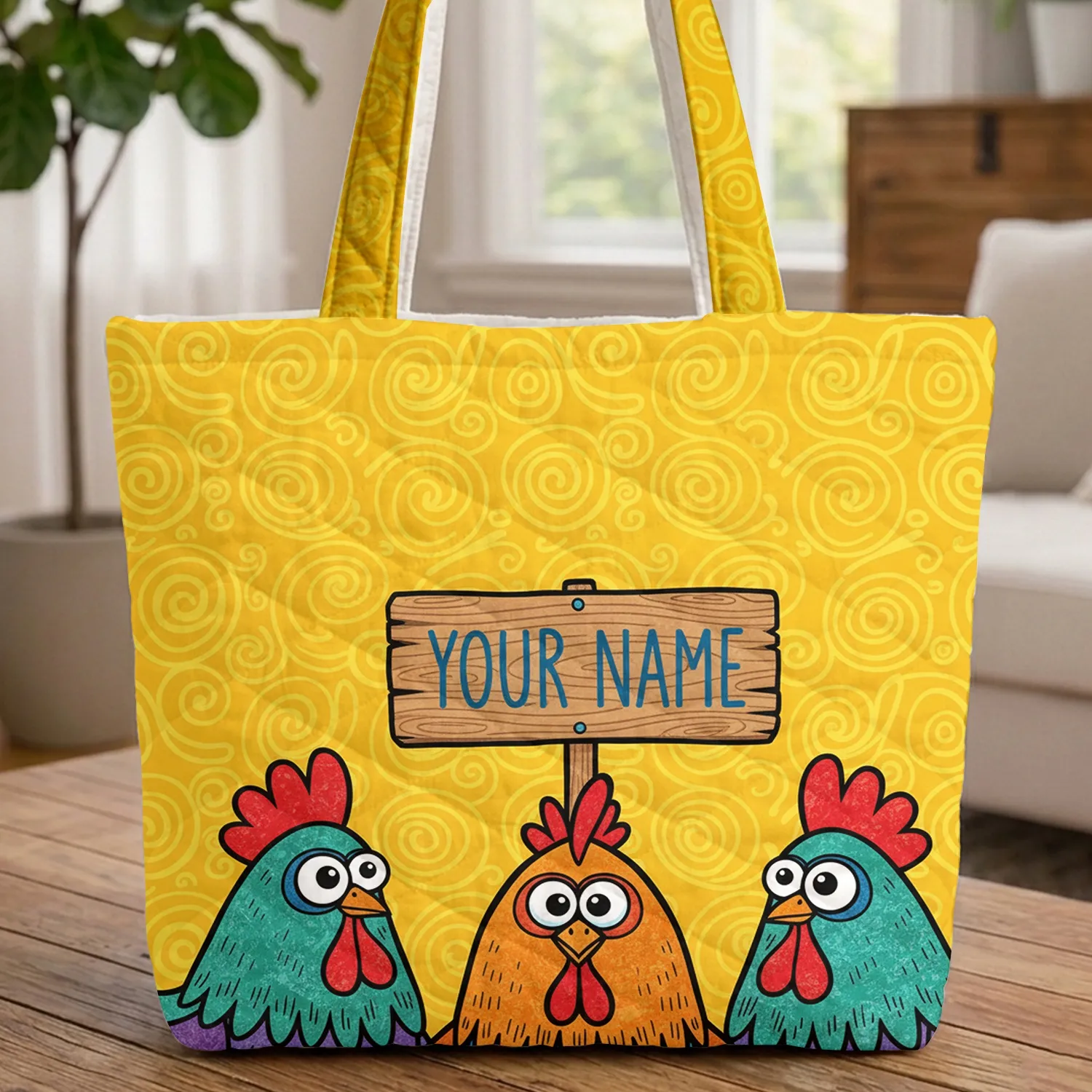 Chickens Large Eyes Red Combs Personalized Name Sign - Everyday Chicken Lover Gift Quilted Tote Bag - 1
