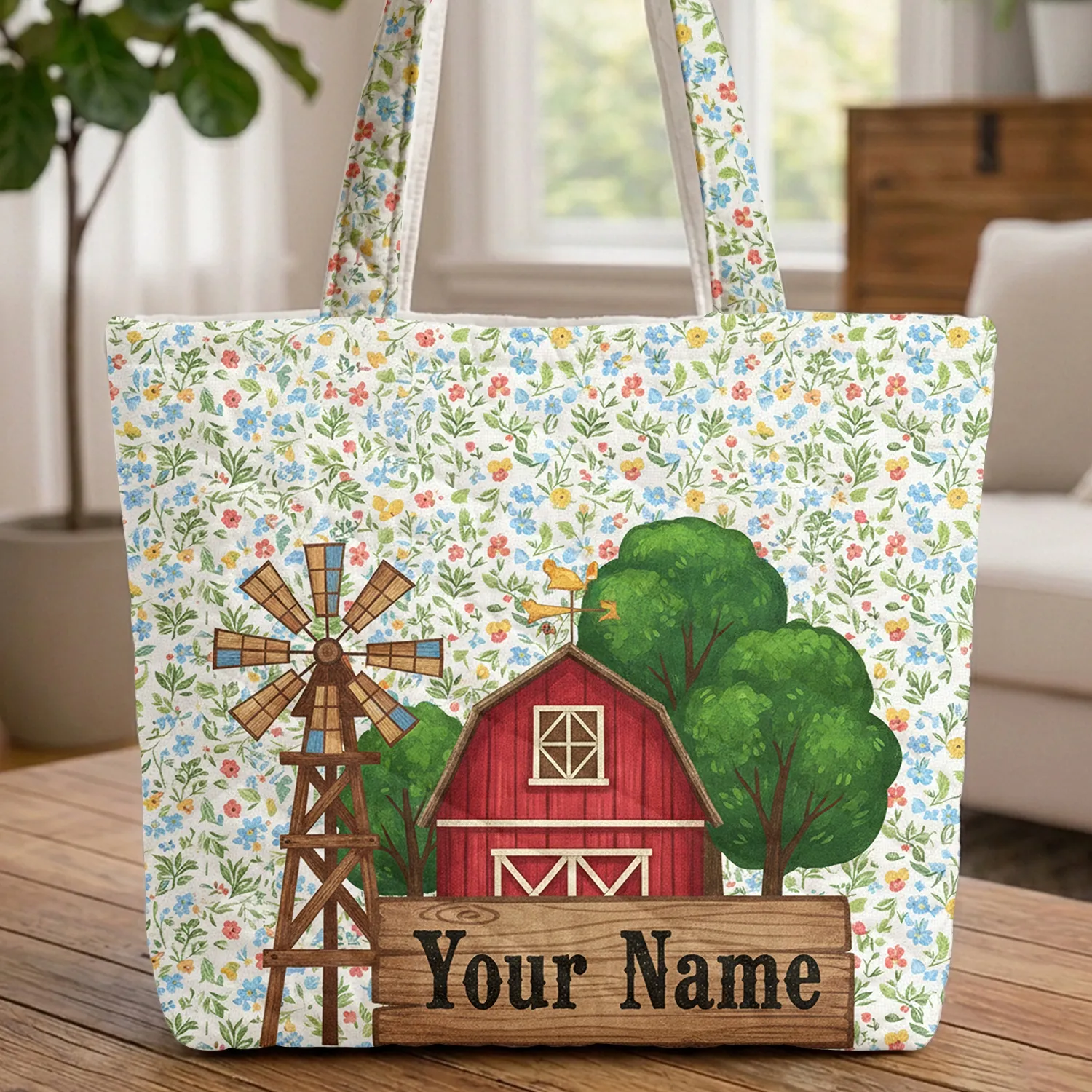 Red Barn Windmill Wildflowers Personalized Farmhouse Decor Gift Quilted Tote Bag - 1