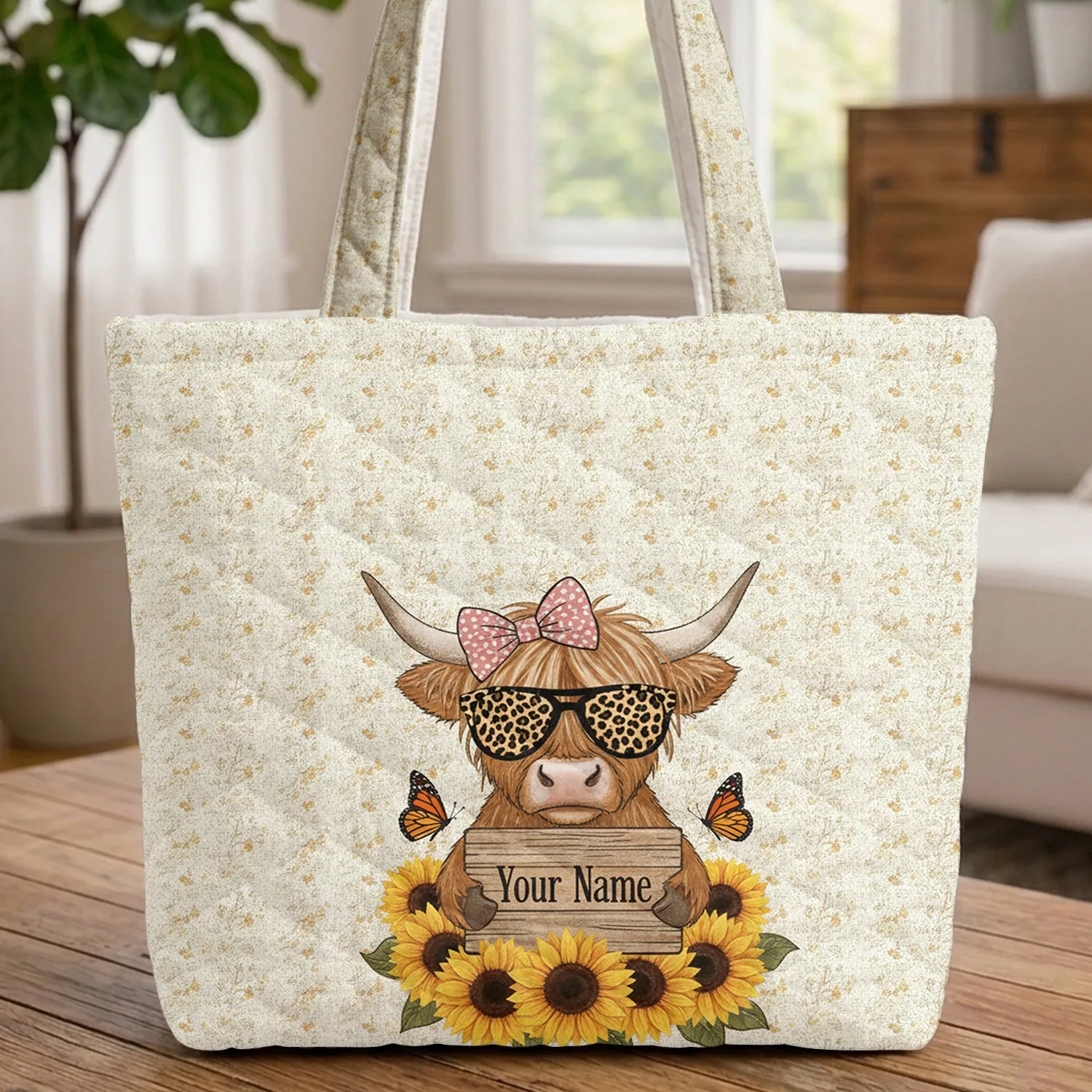 Highland Cow Sunflower Wildflower - Farmhouse Decor Gift for Cow Lover Quilted Tote Bag - 1