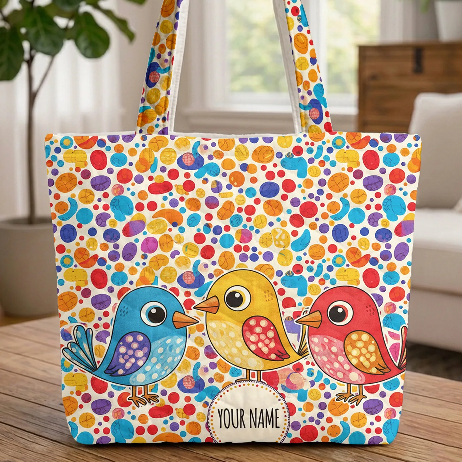 Polka Dot Birds Personalized Name - Bird Lover Daily Use Quilted Tote Bag - 1