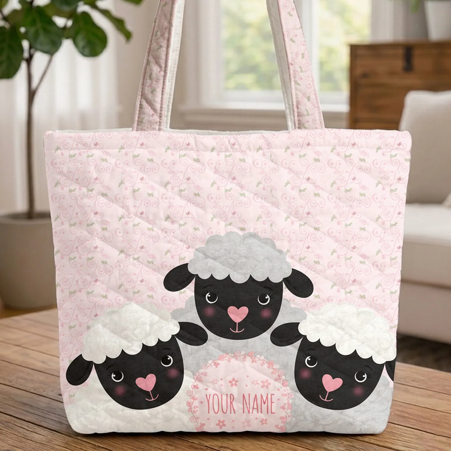 Sheep Heads Heart Noses Floral Wreath Swirling Vines - Everyday Gift for Sheep Lover Quilted Tote Bag - 1