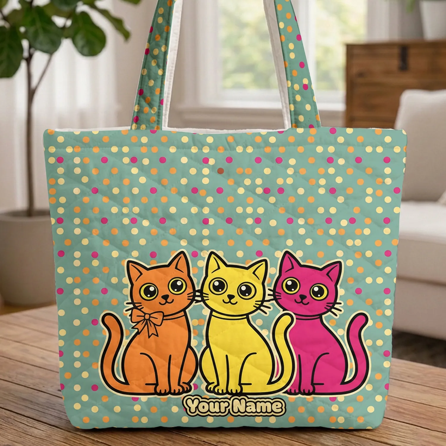 Polka Dot Cats with Name Ribbon - Personalized Cat Lover Gift Everyday Tote Quilted Tote Bag - 1