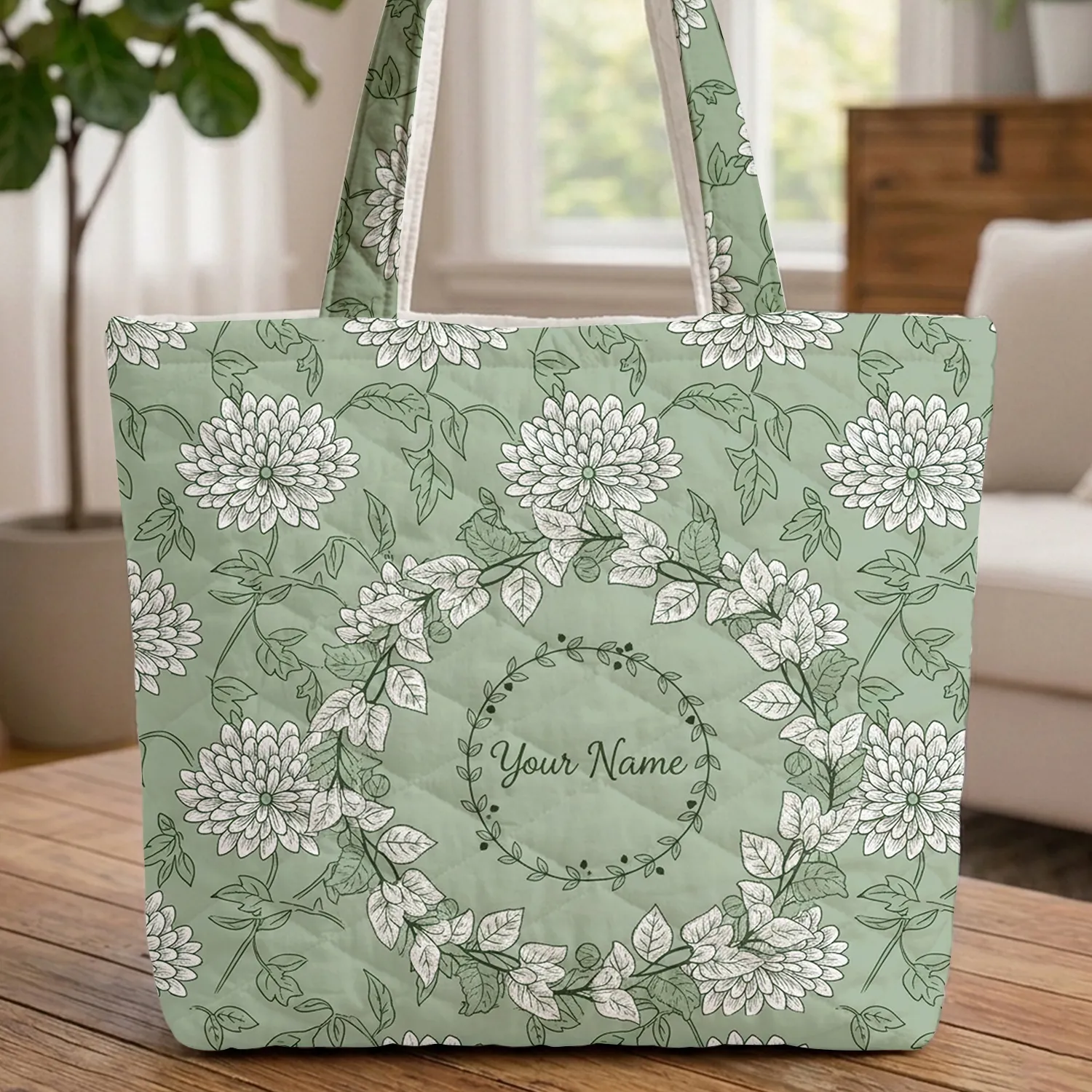 Botanical Chrysanthemum Name Wreath - Everyday Carry Gift Quilted Tote Bag - 1