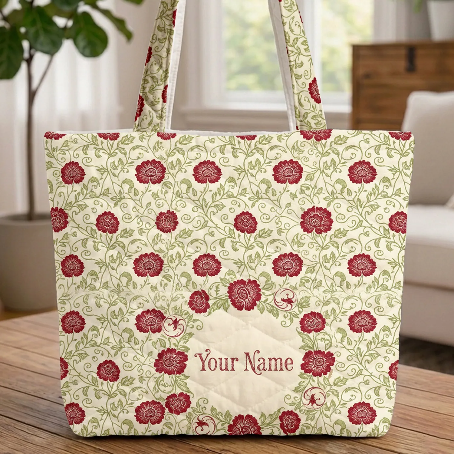 Delicate Red Flower Leaf Vine Botanical Wreath Personalized Name - Everyday Tote Gift Quilted Tote Bag - 1