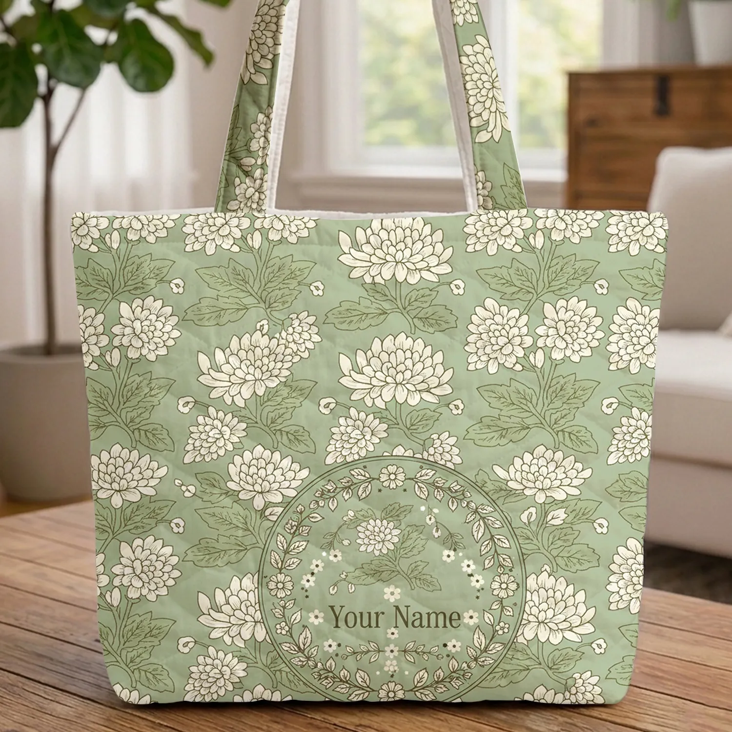 Sage Green Chrysanthemum Leaf Folk Art Floral Medallion - Thoughtful Everyday Gift Quilted Tote Bag - 1