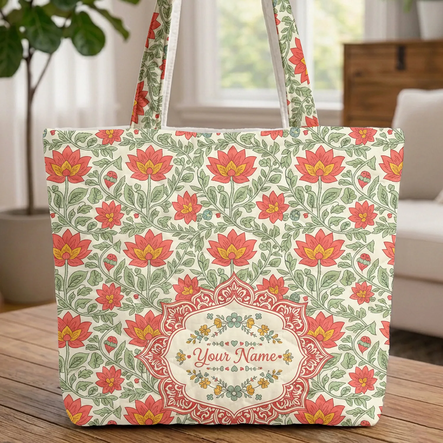 Personalized Lotus Paisley Floral Medallion - Everyday Tote Gift Quilted Tote Bag - 1