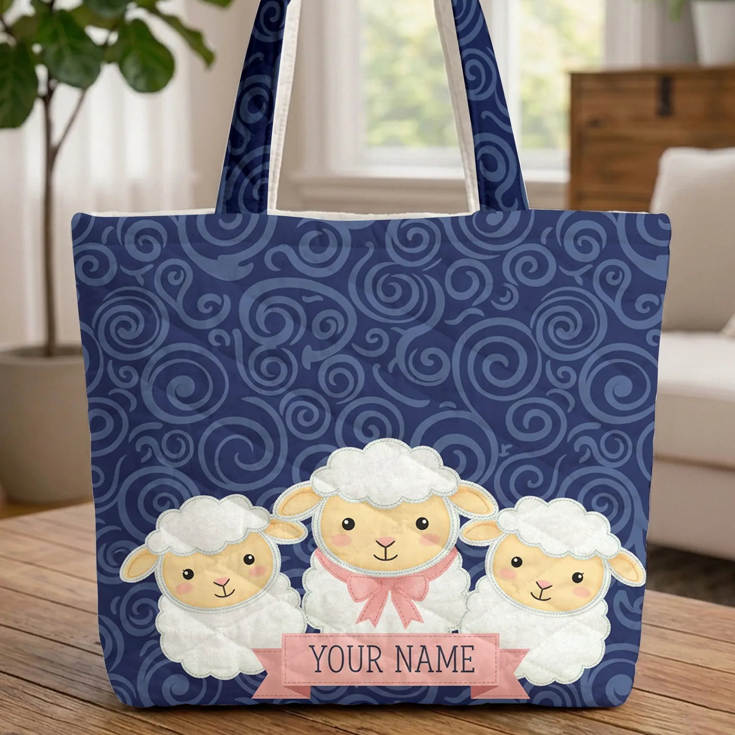 Three Lambs Ribbon Swirling Waves Personalized Baby Nursery Gift for Girls Quilted Tote Bag - 1