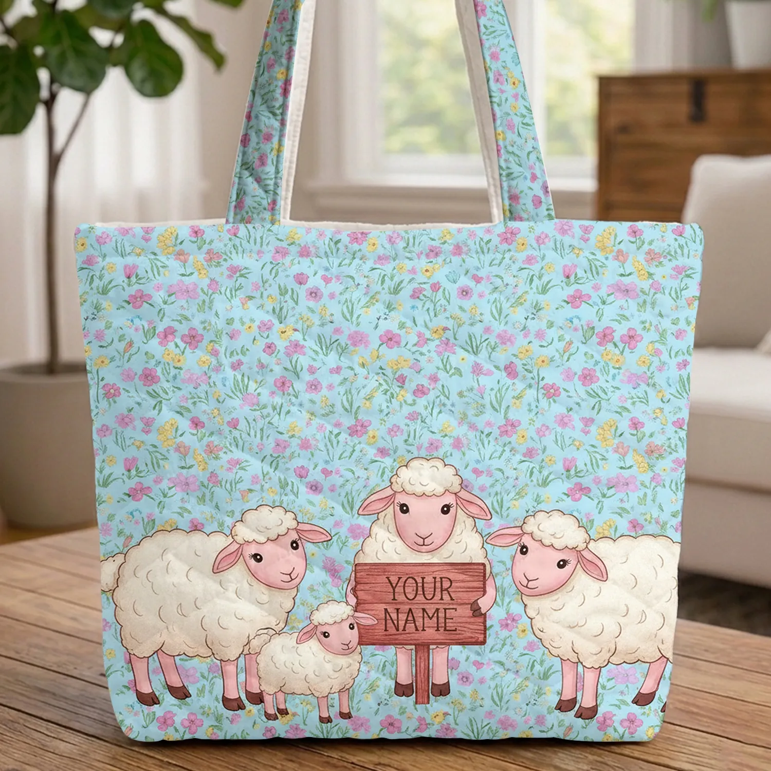 Fluffy Sheep Wildflower Grazing Scene Wooden Sign - Storybook Farm Animal Gift Quilted Tote Bag - 1