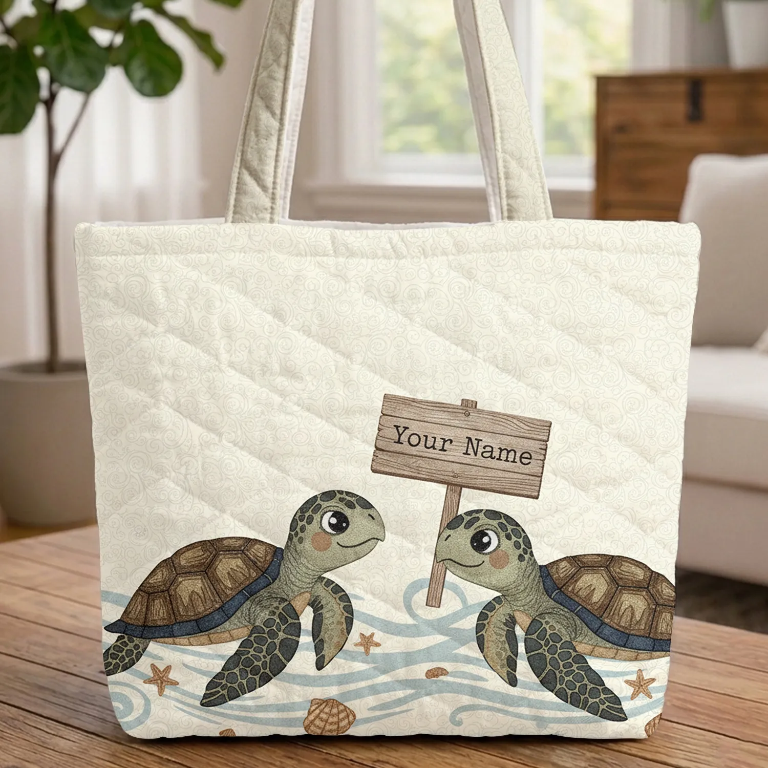 Sea Turtles Starfish Personalized Name Ocean Waves Beach Travel Gift Quilted Tote Bag - 1