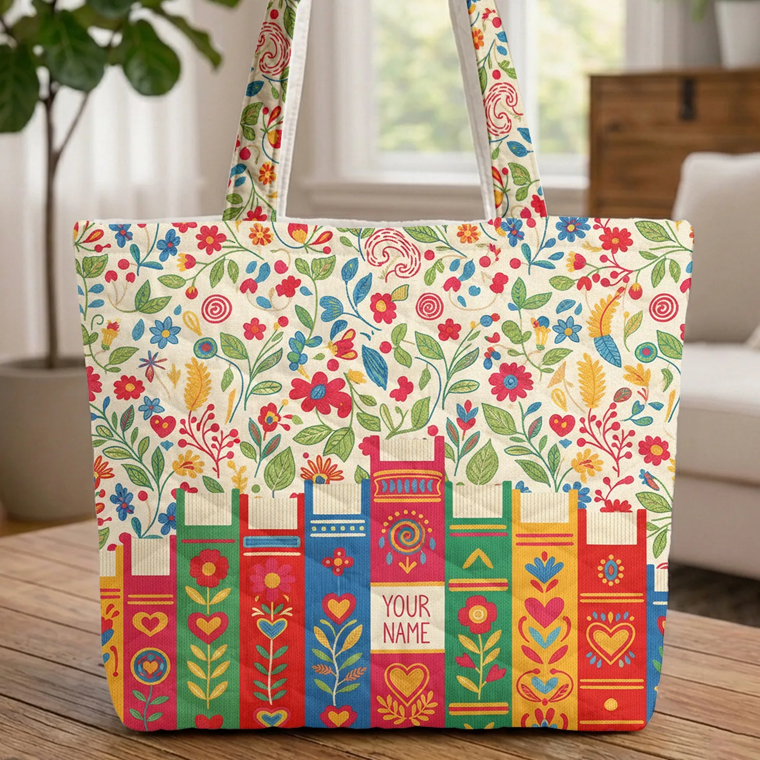 Ornate Books Folk Art Floral Hearts - Everyday Reading Gift for Book Lovers Quilted Tote Bag - 1