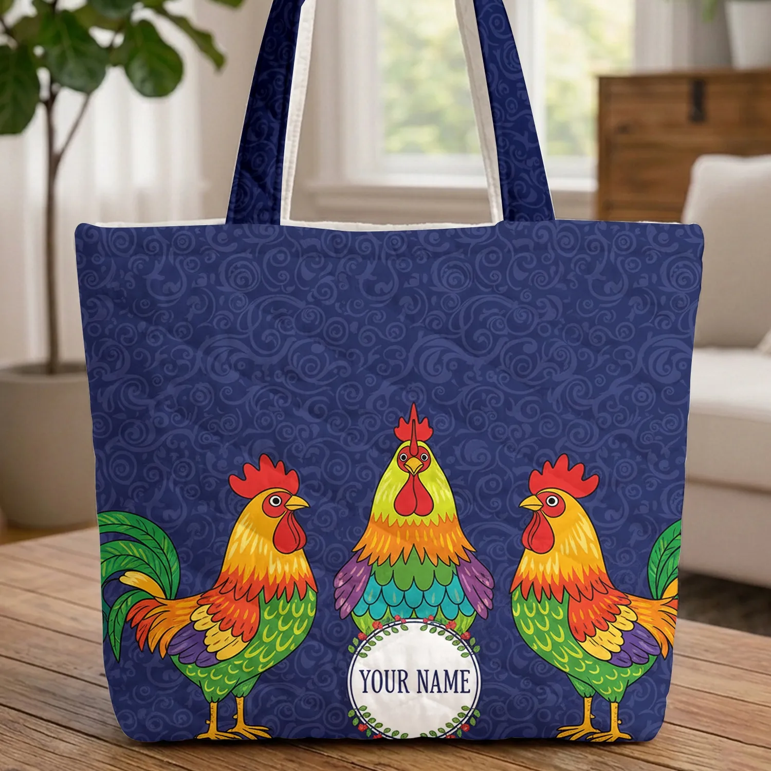 Roosters Personalized Floral Wreath - Farmhouse Home Decor for Rooster Lovers Quilted Tote Bag - 1