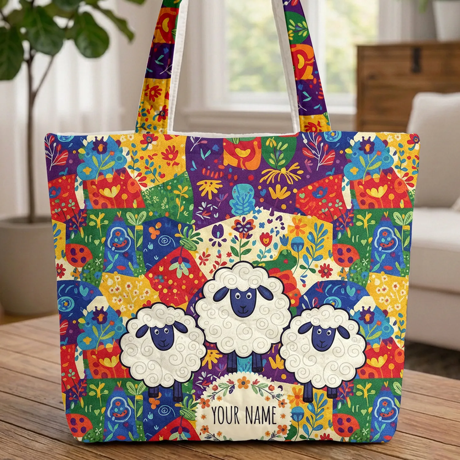Three Colorful Sheep Floral Wreath - Farmhouse Home Decor Gift for Sheep Lover Quilted Tote Bag - 1