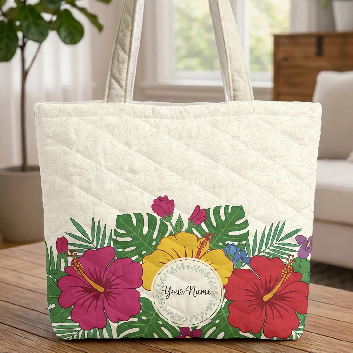 Hibiscus Flowers Tropical Leaf Personalized Name Floral Wreath - Personalized Gift Quilted Tote Bag - 1