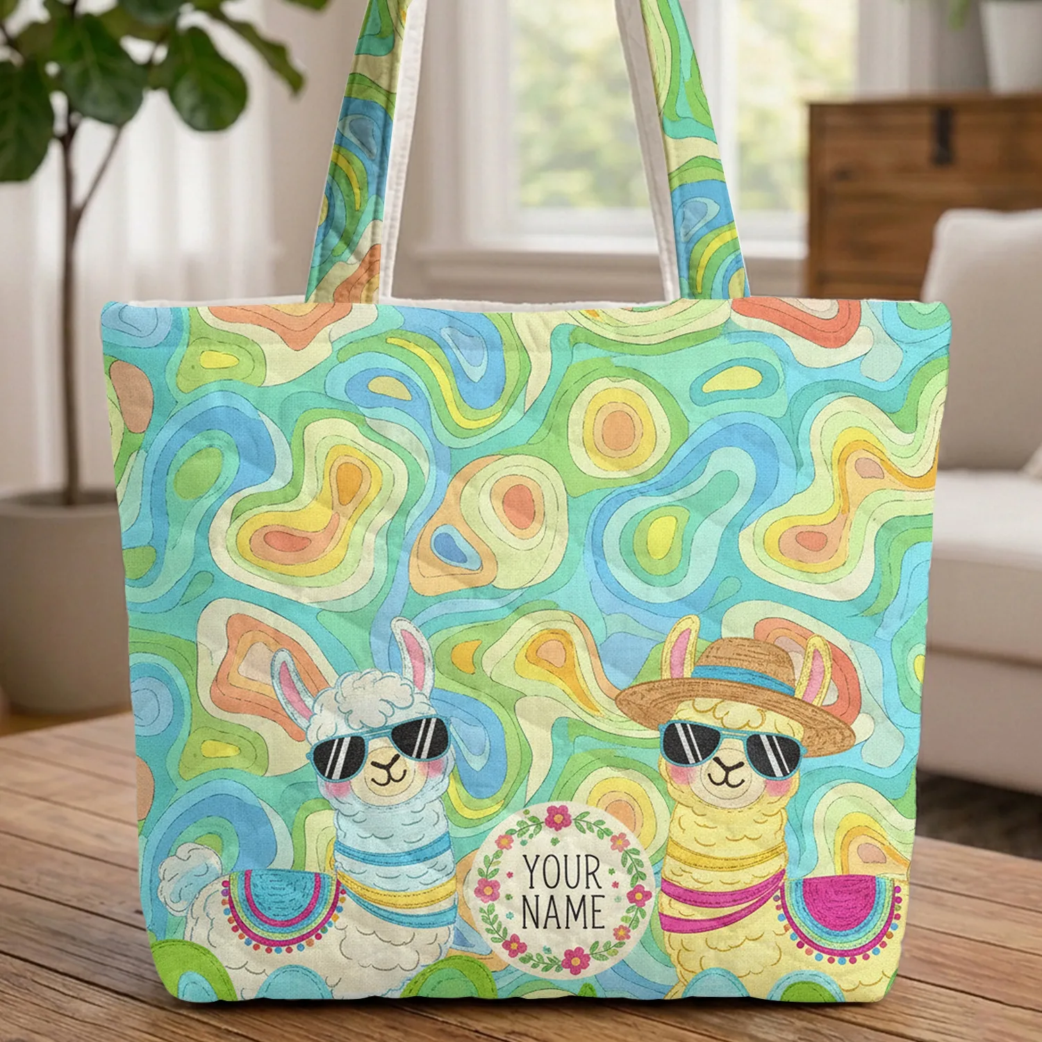 Llamas Sunglasses Straw Hat Floral Wreath Topographical Organic Waves - Everyday Tote Quilted Tote Bag - 1