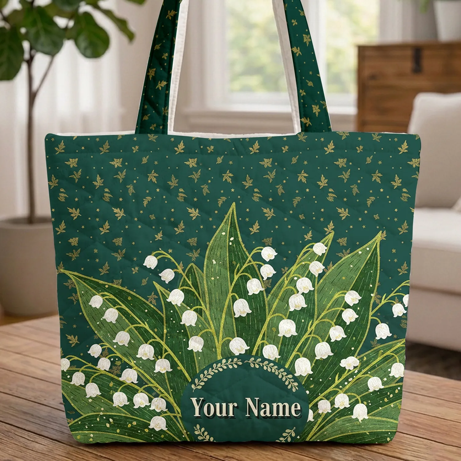 Lily of the Valley Botanical Stars Personalized Floral Name - Nature Lover Gift Quilted Tote Bag - 1